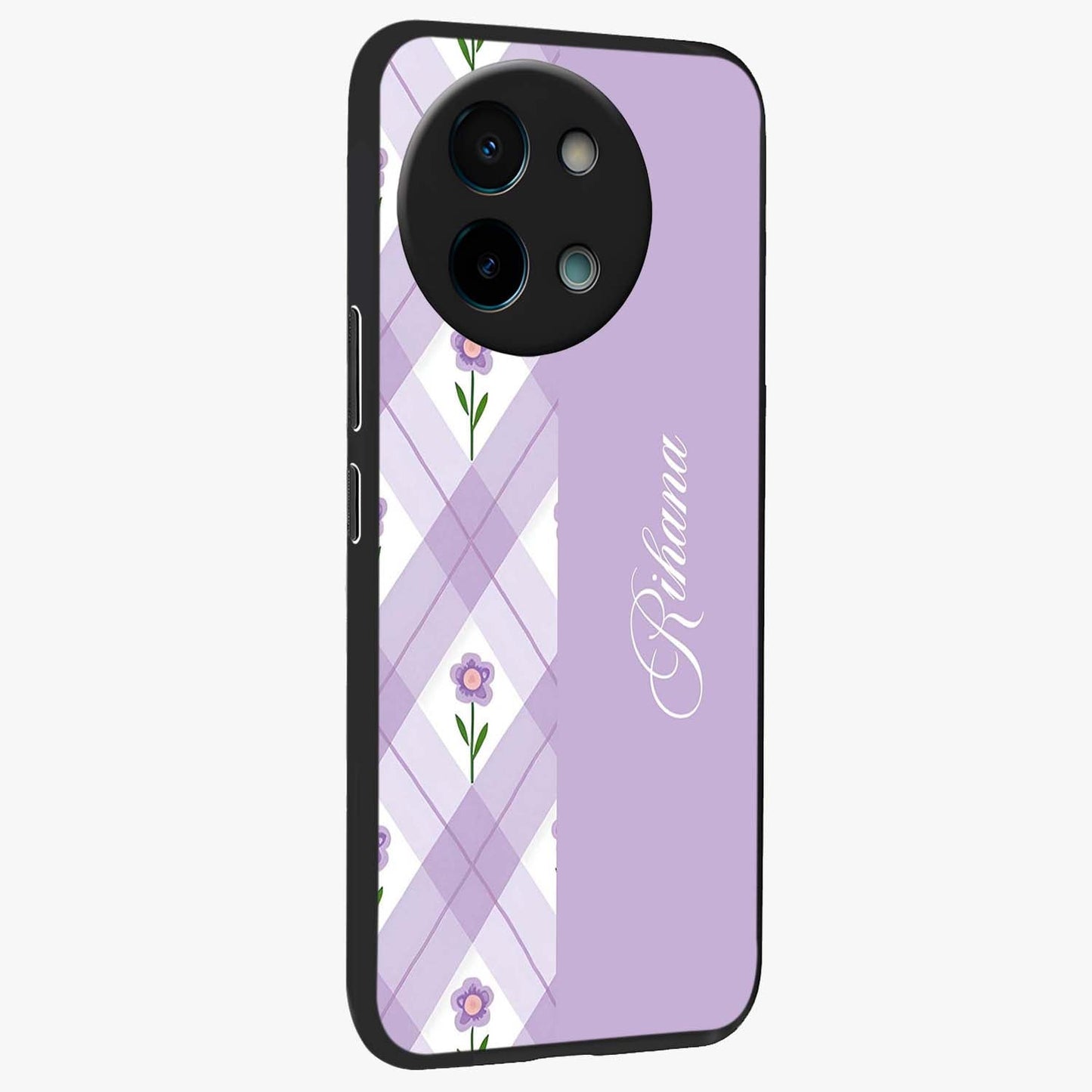 Purple Diamond Floral Glass Case upright view showcasing vibrant floral artwork with stylish geometric theme.