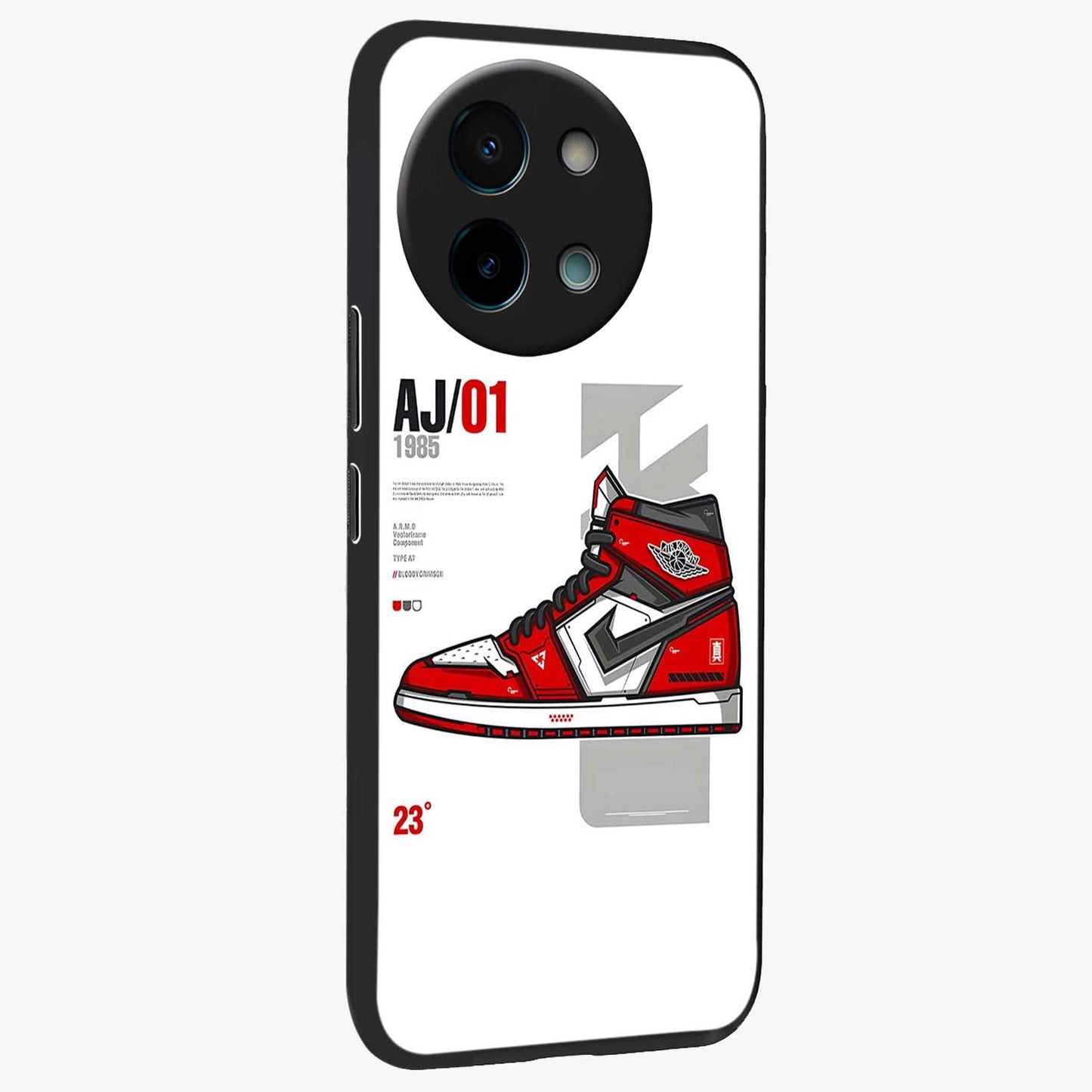 Retro Sneaker Blueprint Glass Case upright view showcasing stylish sneaker illustration with vintage streetwear theme.