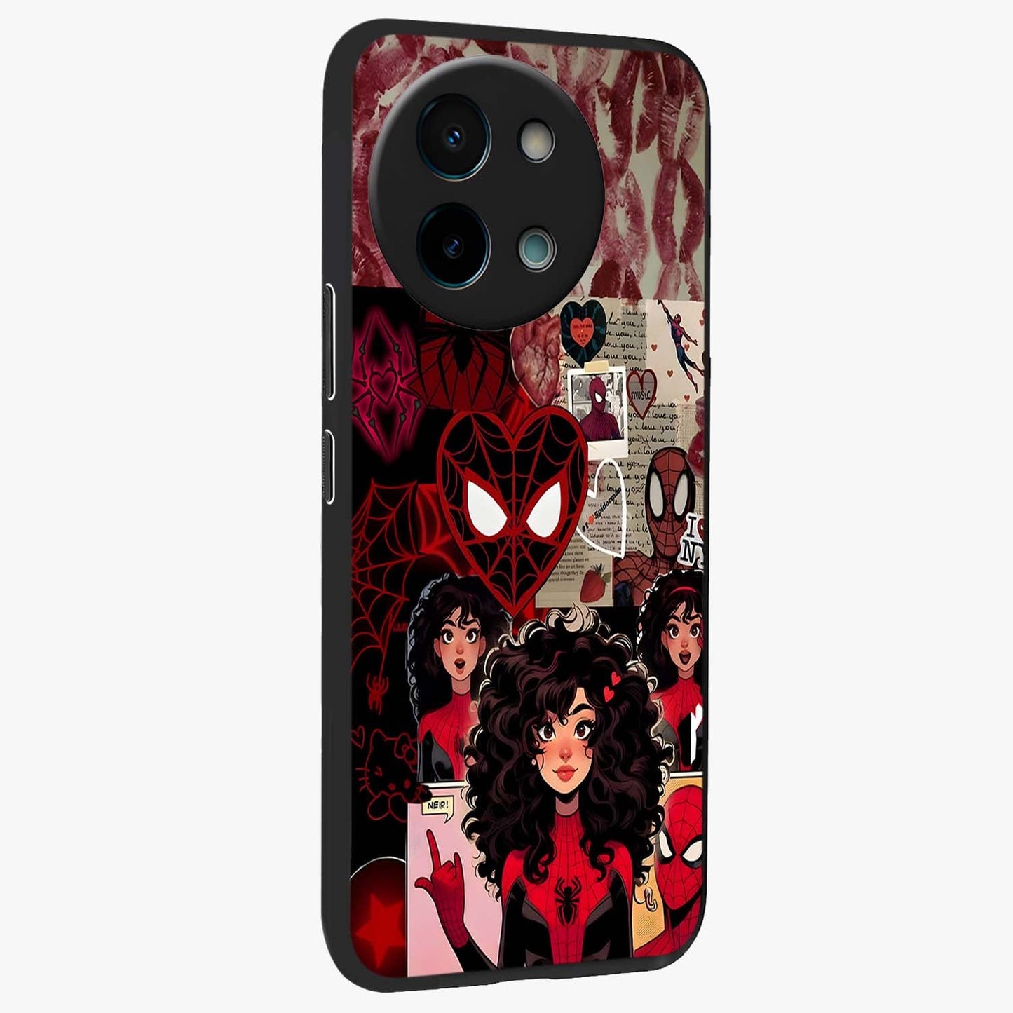 Spider Love Story Glass Case upright view showcasing charming superhero artwork with romantic comic theme.