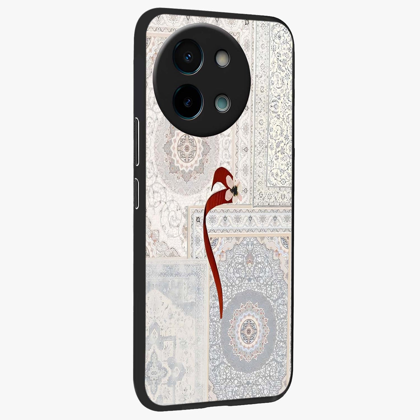 White Aesthetic Bow Glass Case upright view showcasing delicate ribbon bow artwork with cute minimalist theme.