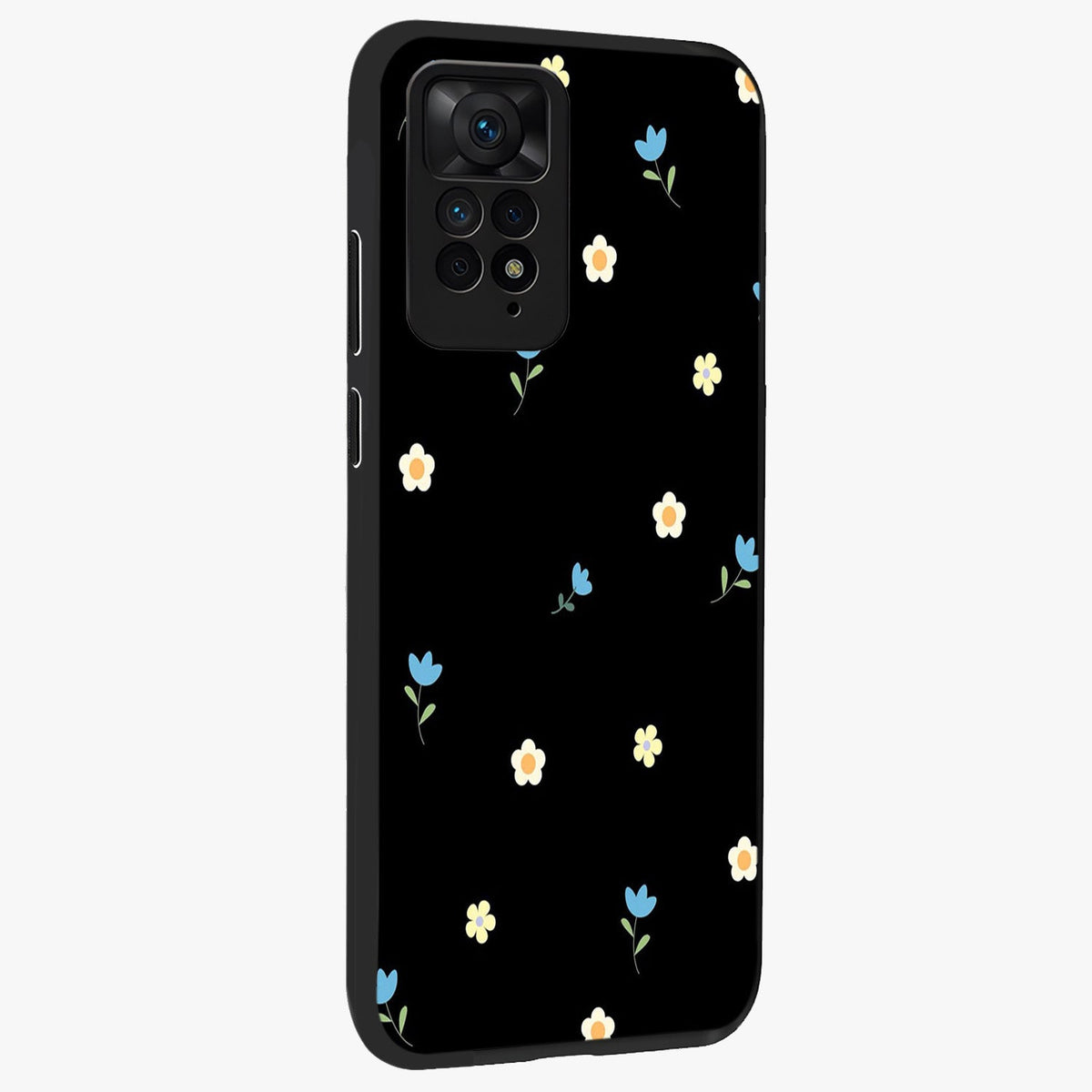 Minimal Petal Whispers Glass Case upright view showcasing elegant floral artwork with modern minimalist style.