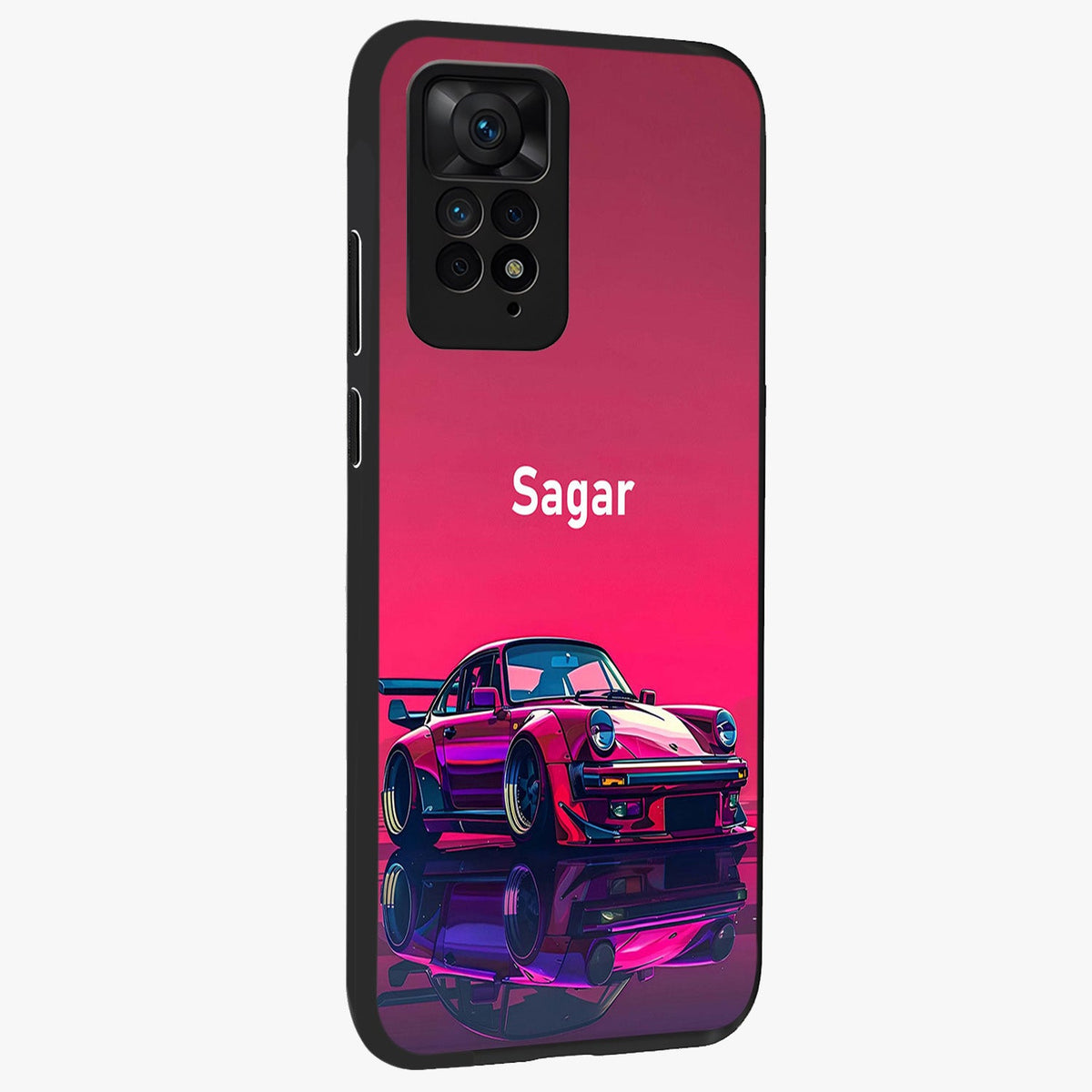 Neon Pink Porsche Glass Case upright view showcasing vibrant sports car artwork with bold automotive theme.