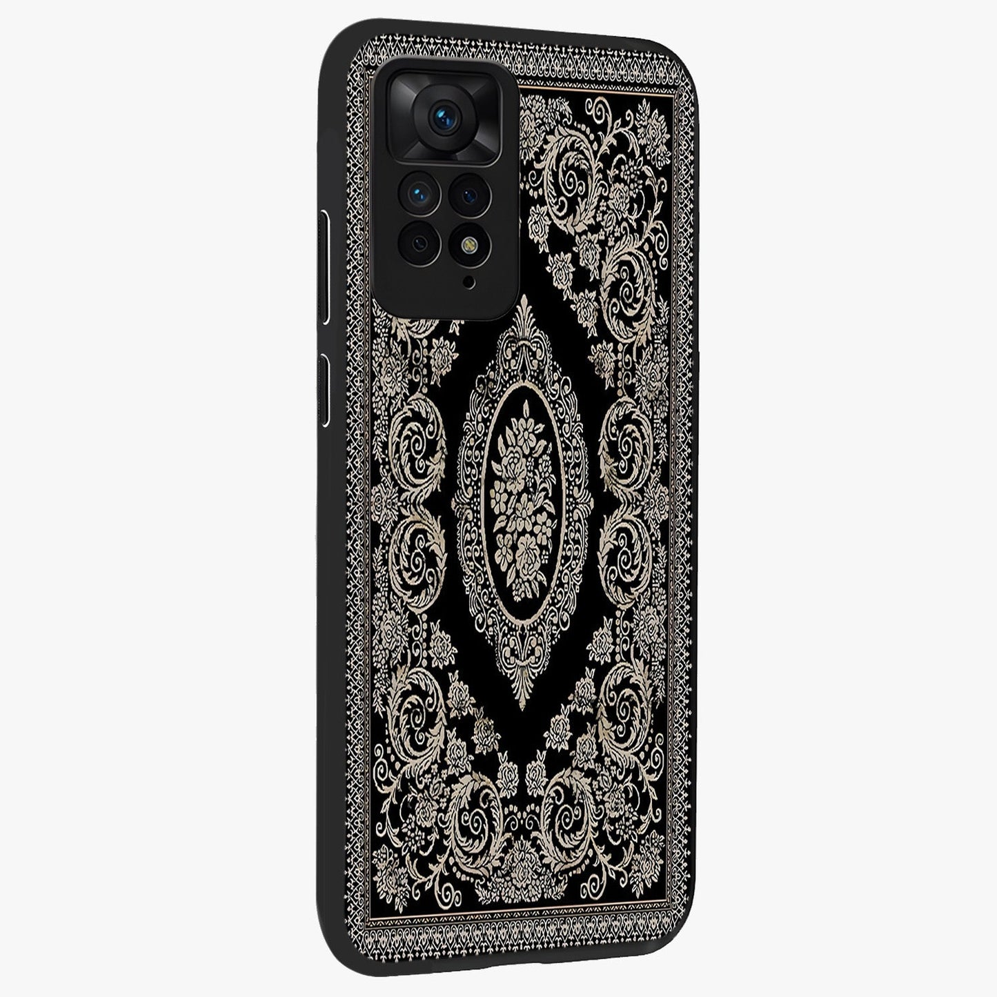 Noir Bloom Elegance Glass Case upright view showcasing graceful floral artwork with luxurious dark theme.