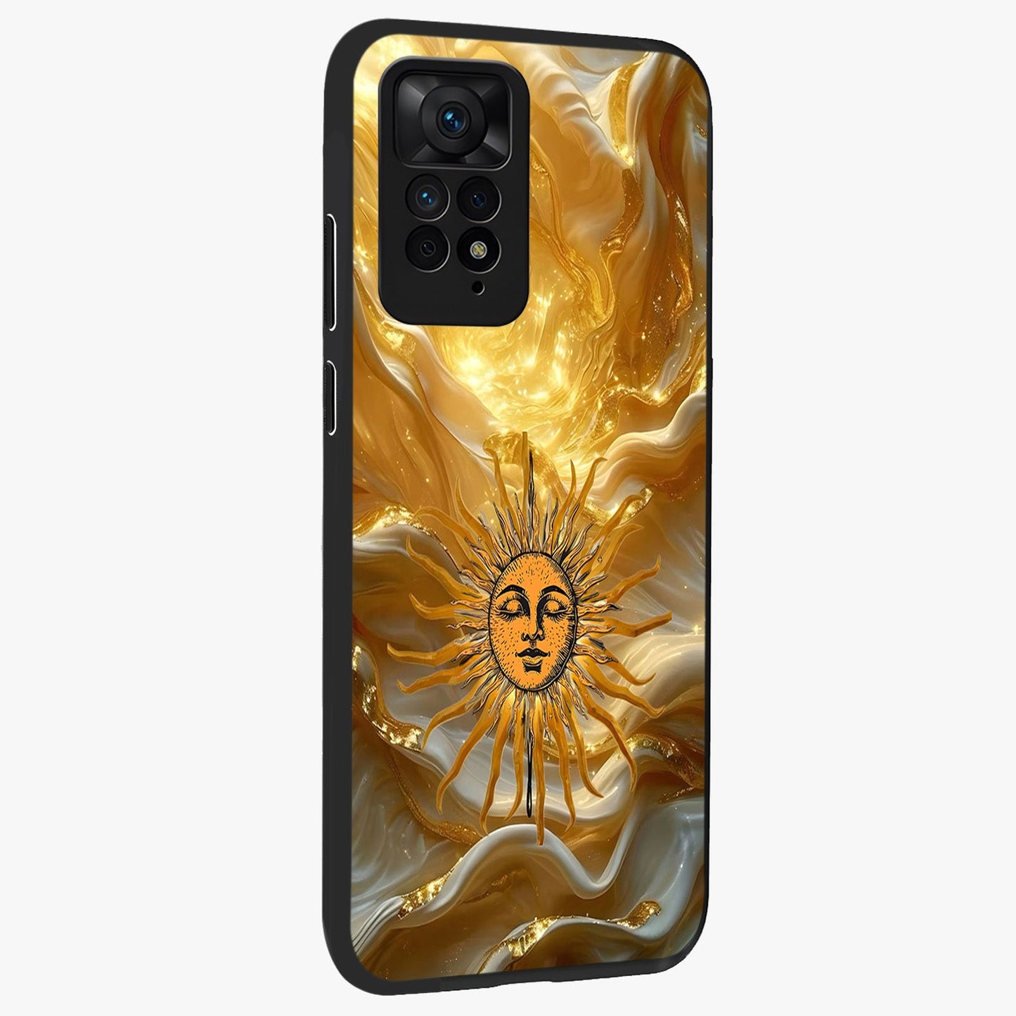 Eternal Golden Glow Glass Case upright view showcasing luminous golden artwork with luxurious visual theme.