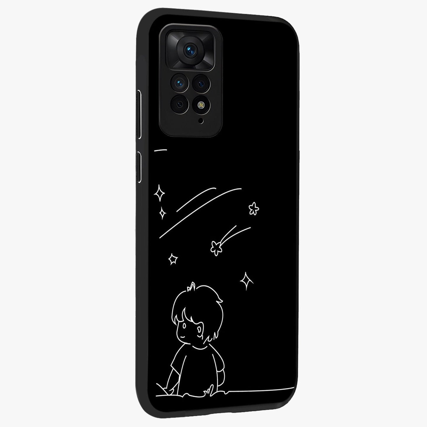 Line Art Boy With Shooting Stars Glass Case upright view showcasing artistic shooting star illustration with minimal style.