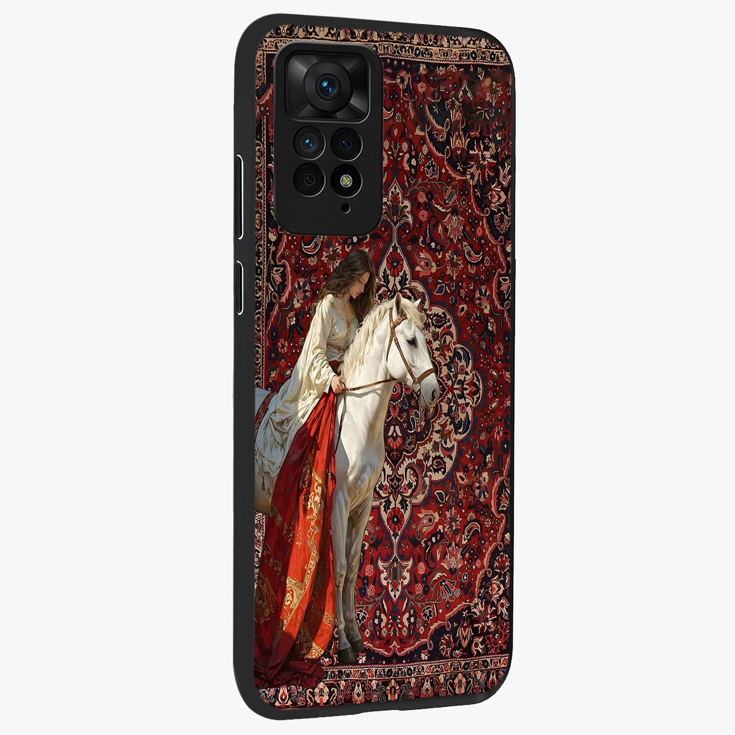 Royal Rider Tapestry Glass Case upright view showcasing detailed rider artwork with classic tapestry theme.