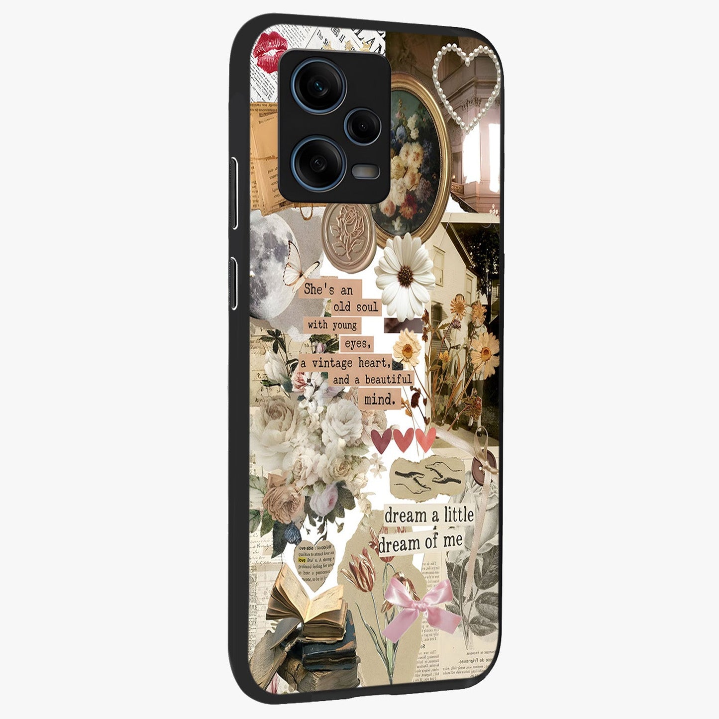 Aesthetic Brown Vintage Collage Glass Case upright view showcasing nostalgic retro artwork with stylish vintage theme.