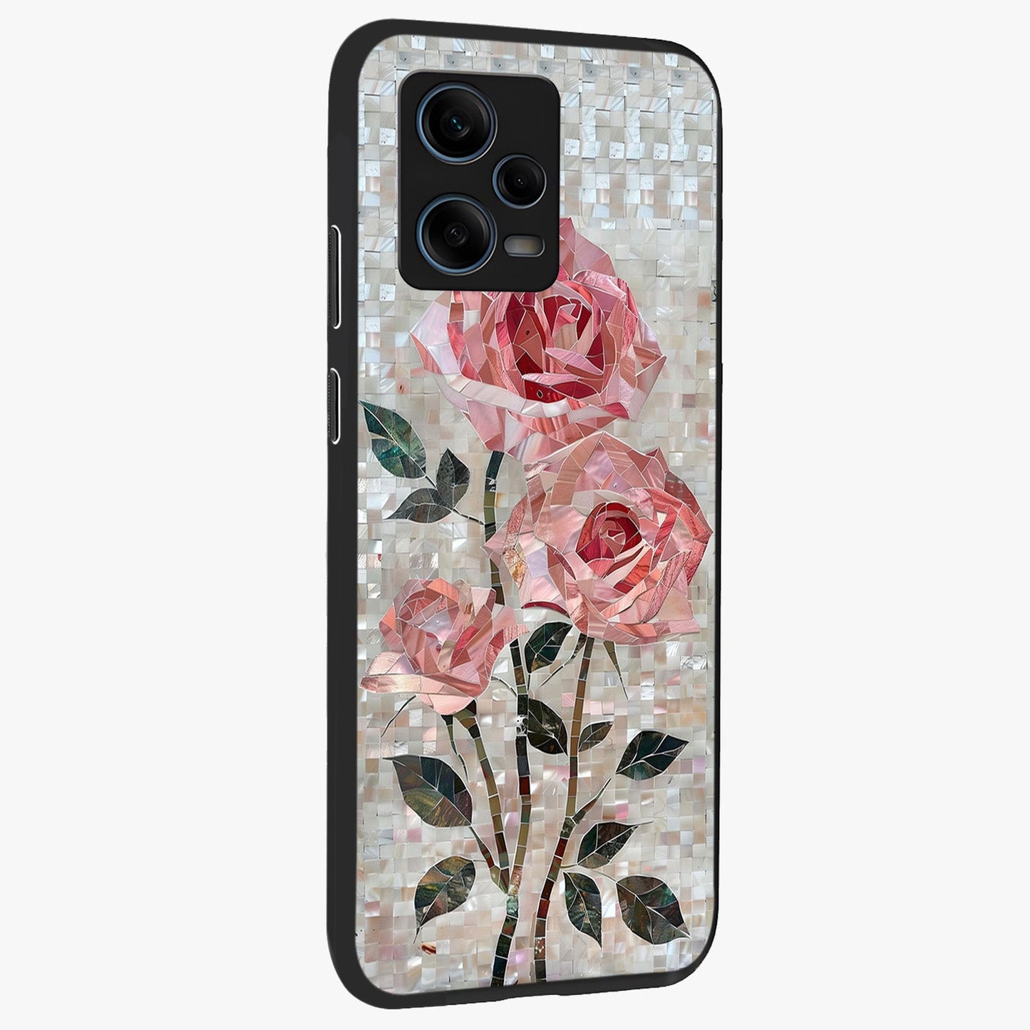 Blush Mosaic Bloom Glass Case upright view showcasing decorative floral mosaic artwork with stylish modern aesthetic.
