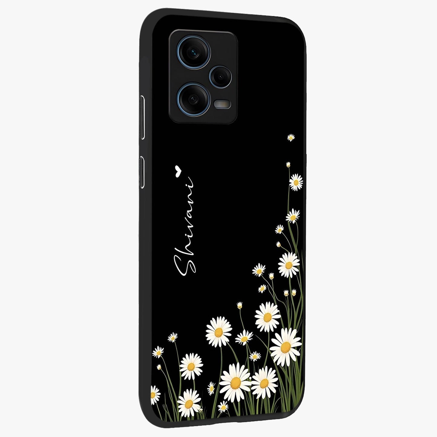 Daisy Cascade Custom Name Glass Case upright view showcasing elegant floral cascade design with personalized aesthetic.