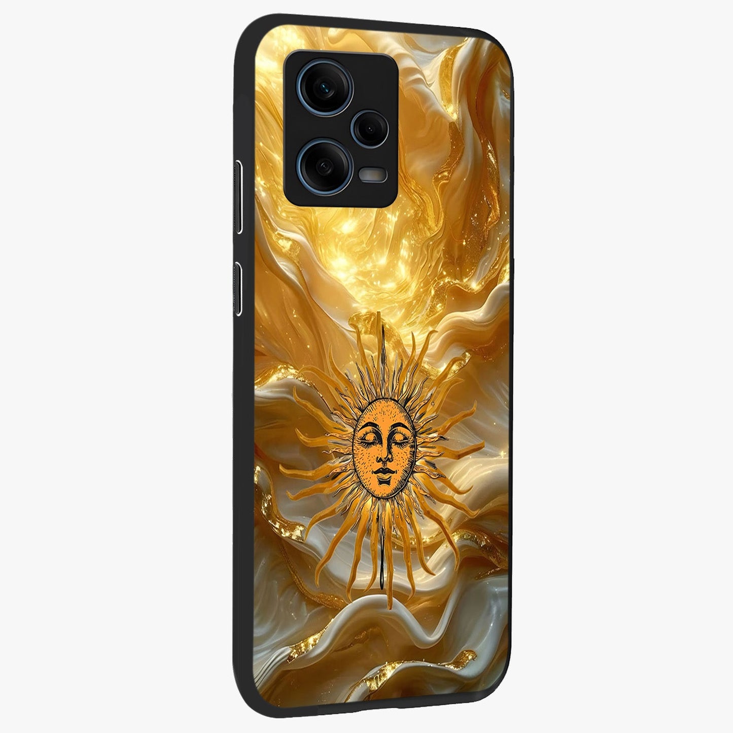 Eternal Golden Glow Glass Case upright view showcasing luminous golden artwork with luxurious visual theme.