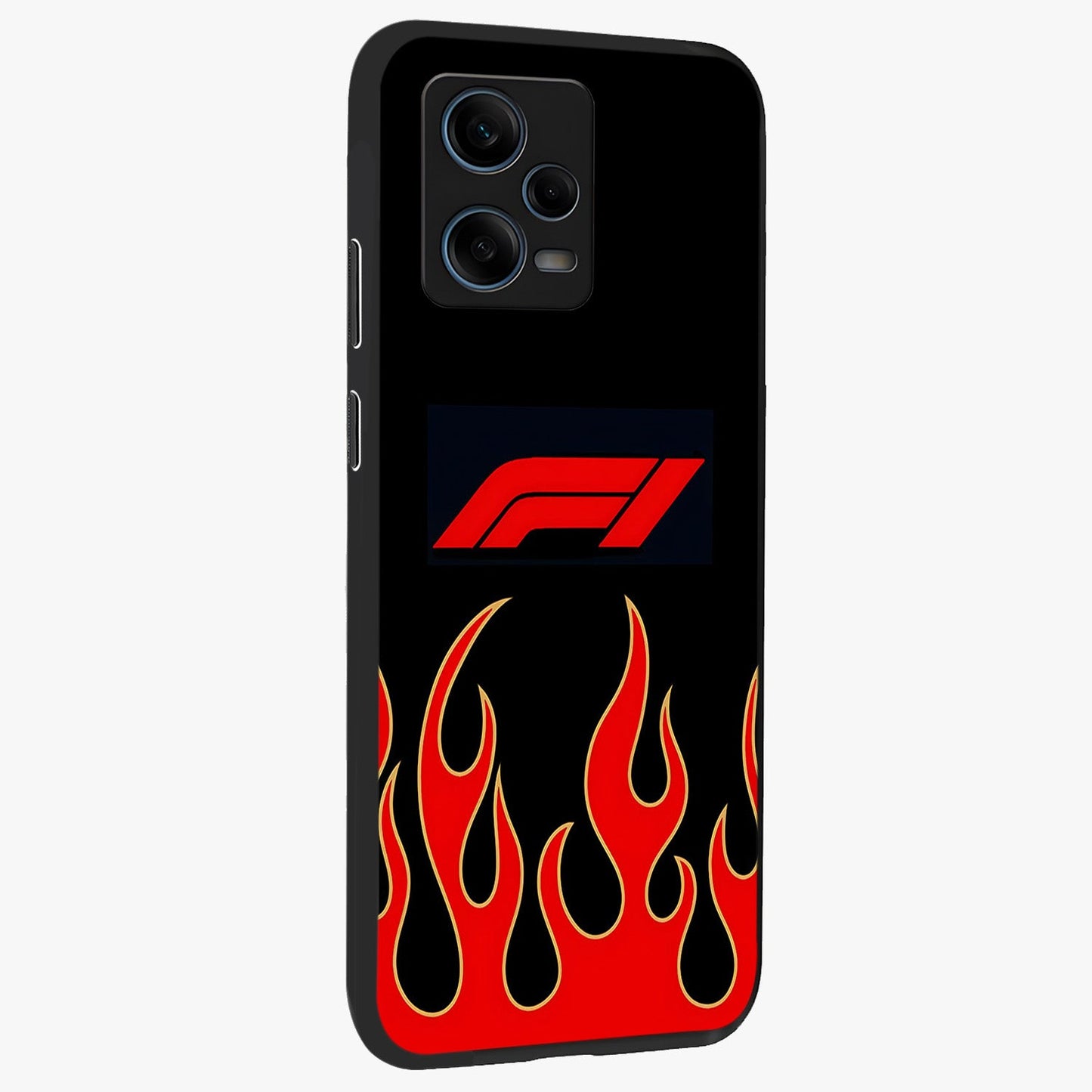 Fire F11 Glass Case upright view showcasing dynamic flame artwork with intense visual theme.