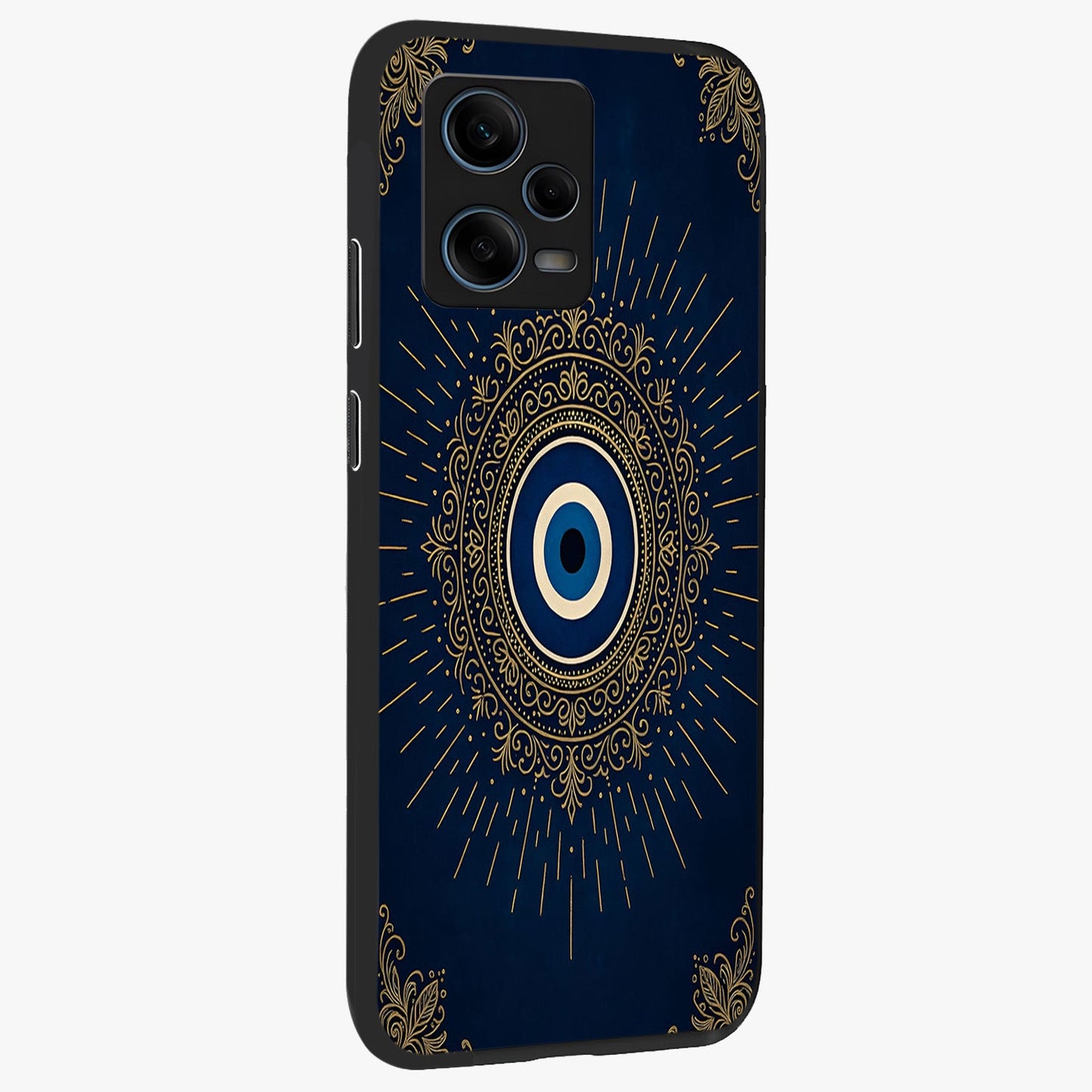 Golden Celestial Charm Glass Case upright view showcasing radiant celestial artwork with elegant golden theme.