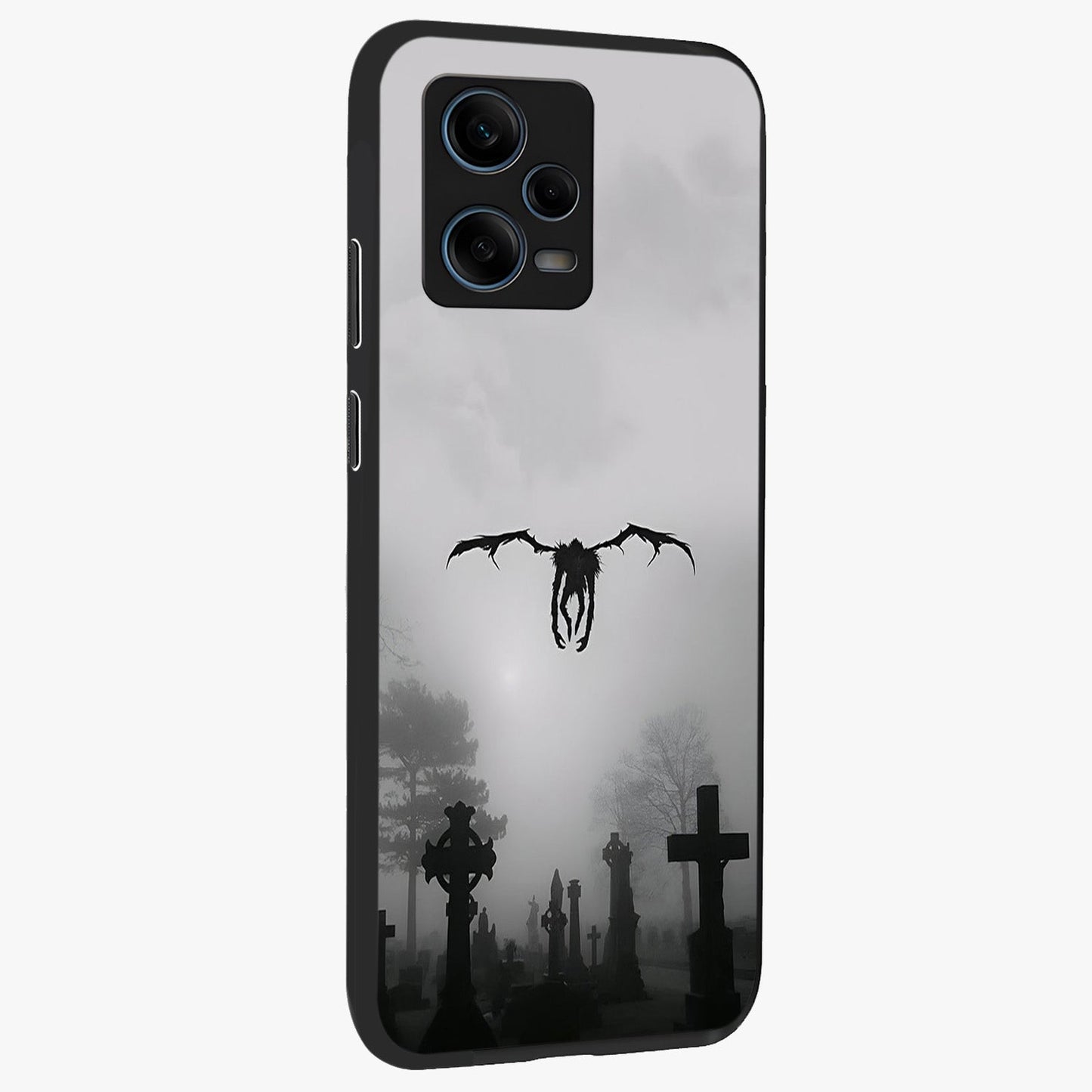 Graveyard Shadow Descent Glass Case upright view showcasing haunting graveyard artwork with dramatic dark theme.