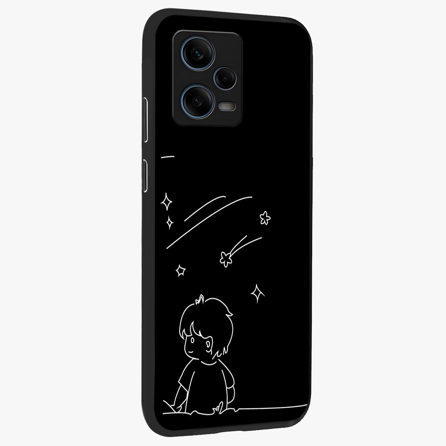 Line Art Boy With Shooting Stars Glass Case upright view showcasing artistic shooting star illustration with minimal style.