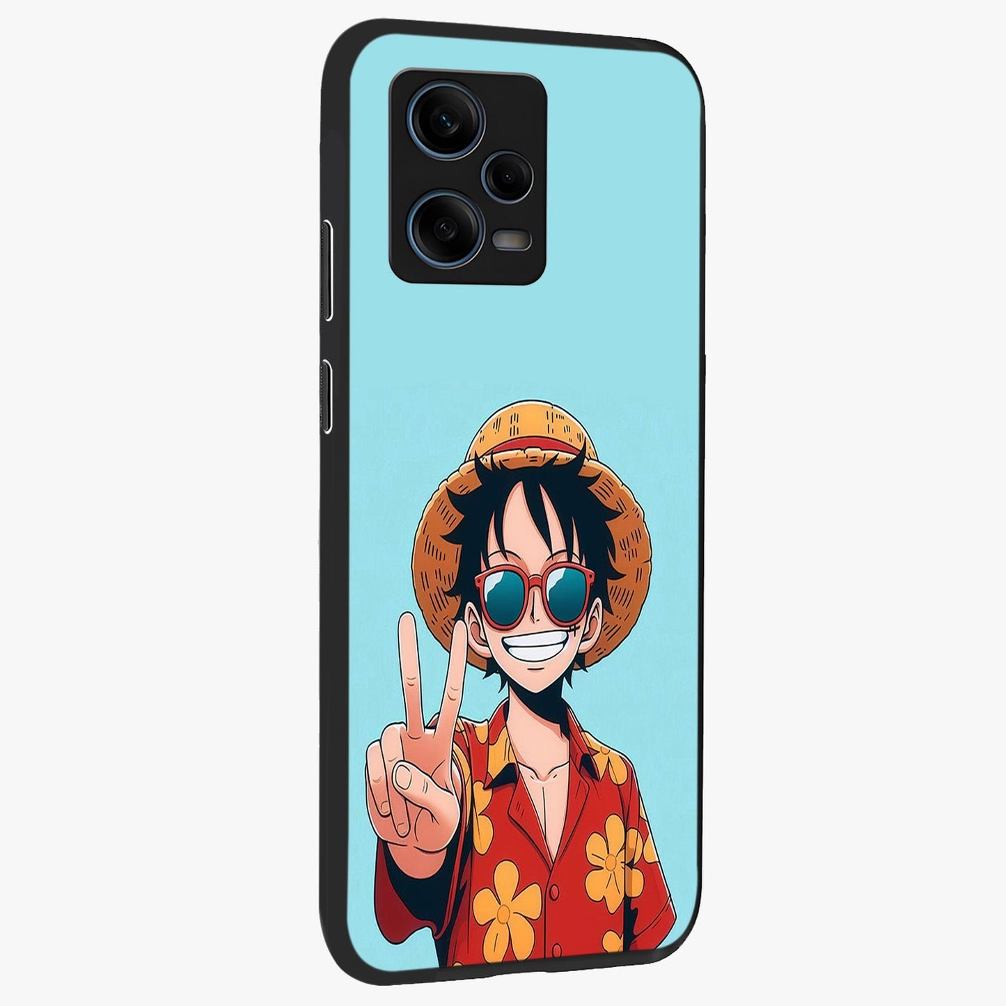 Luffy Summer Anime Vibe Glass Case upright view showcasing dynamic anime artwork with bright adventurous theme.