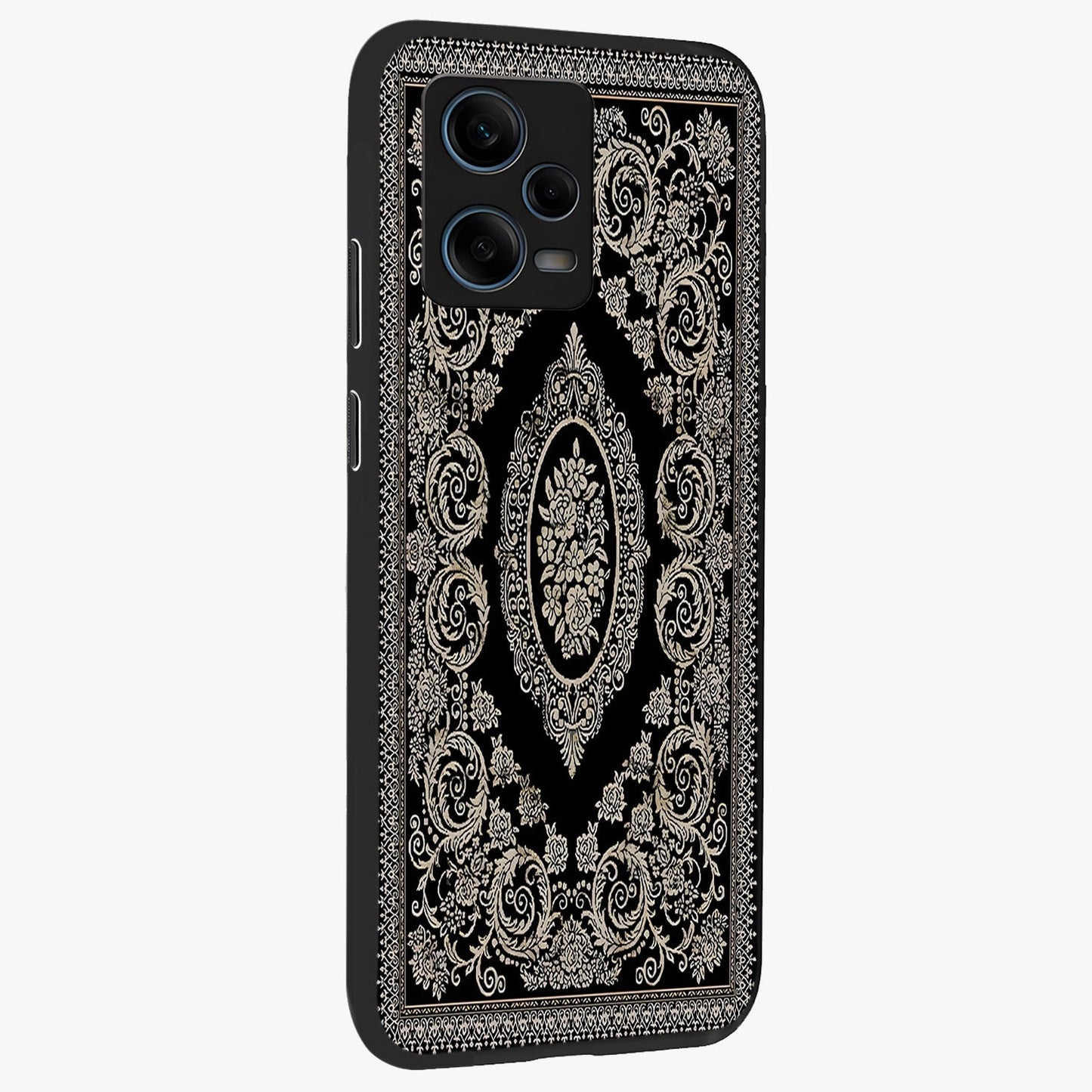 Noir Bloom Elegance Glass Case upright view showcasing graceful floral artwork with luxurious dark theme.
