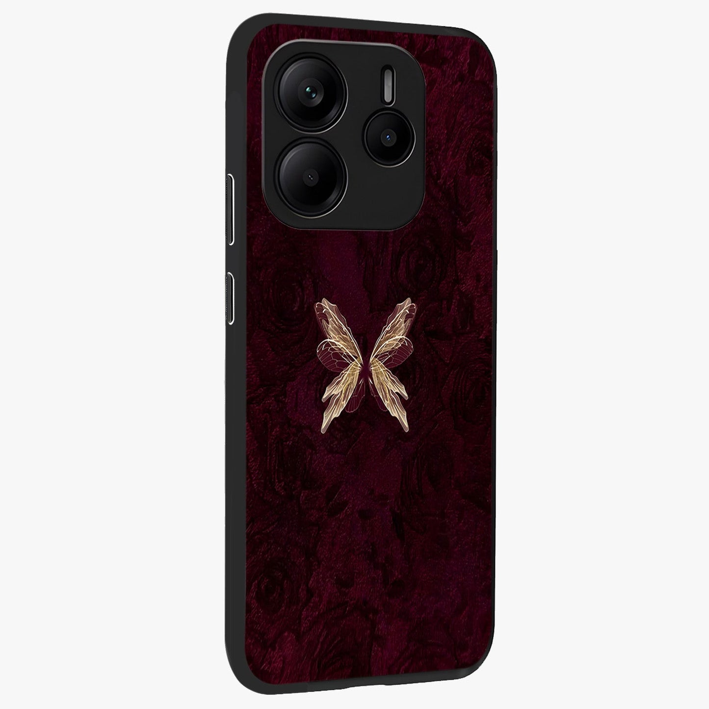 Crimson Fade Butterfly Glass Case upright view showcasing graceful butterfly artwork with soft crimson fade effect.