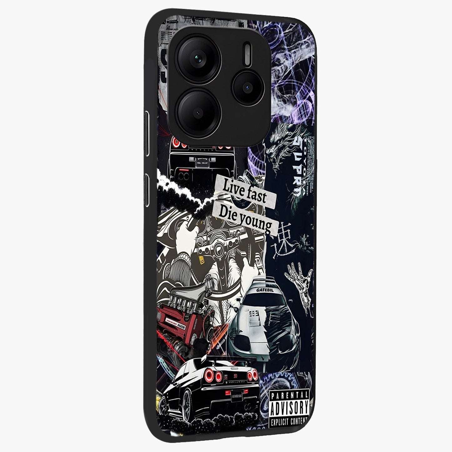 Die Young Glass Case upright view showcasing striking typography artwork with modern statement theme.