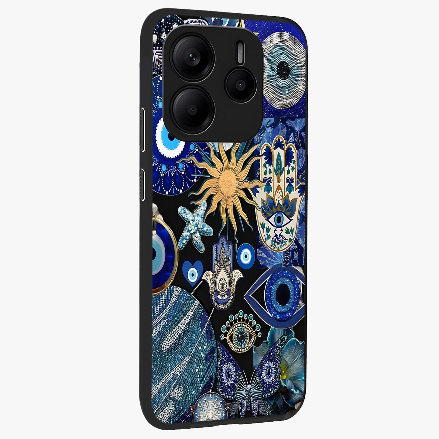 Evil Eye Charm Mix Glass Case upright view showcasing mystical evil eye pattern with vibrant decorative style.