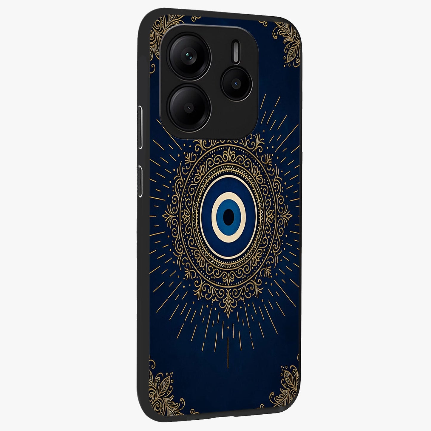 Golden Celestial Charm Glass Case upright view showcasing radiant celestial artwork with elegant golden theme.