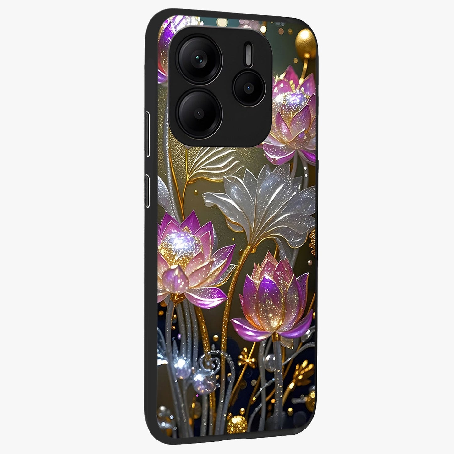 Golden Floral Majesty Glass Case upright view showcasing majestic floral artwork with rich decorative theme.