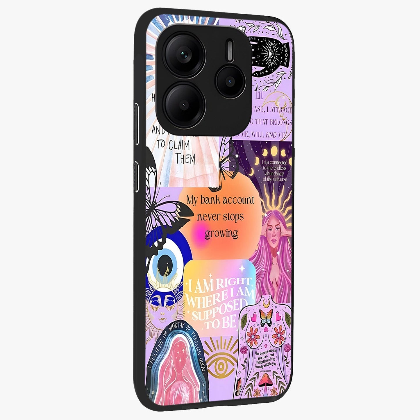 Manifestation Collage Glass Case upright view showcasing artistic manifestation themed artwork with creative style.