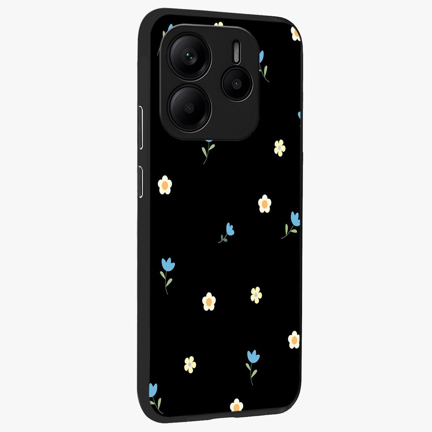 Minimal Petal Whispers Glass Case upright view showcasing elegant floral artwork with modern minimalist style.