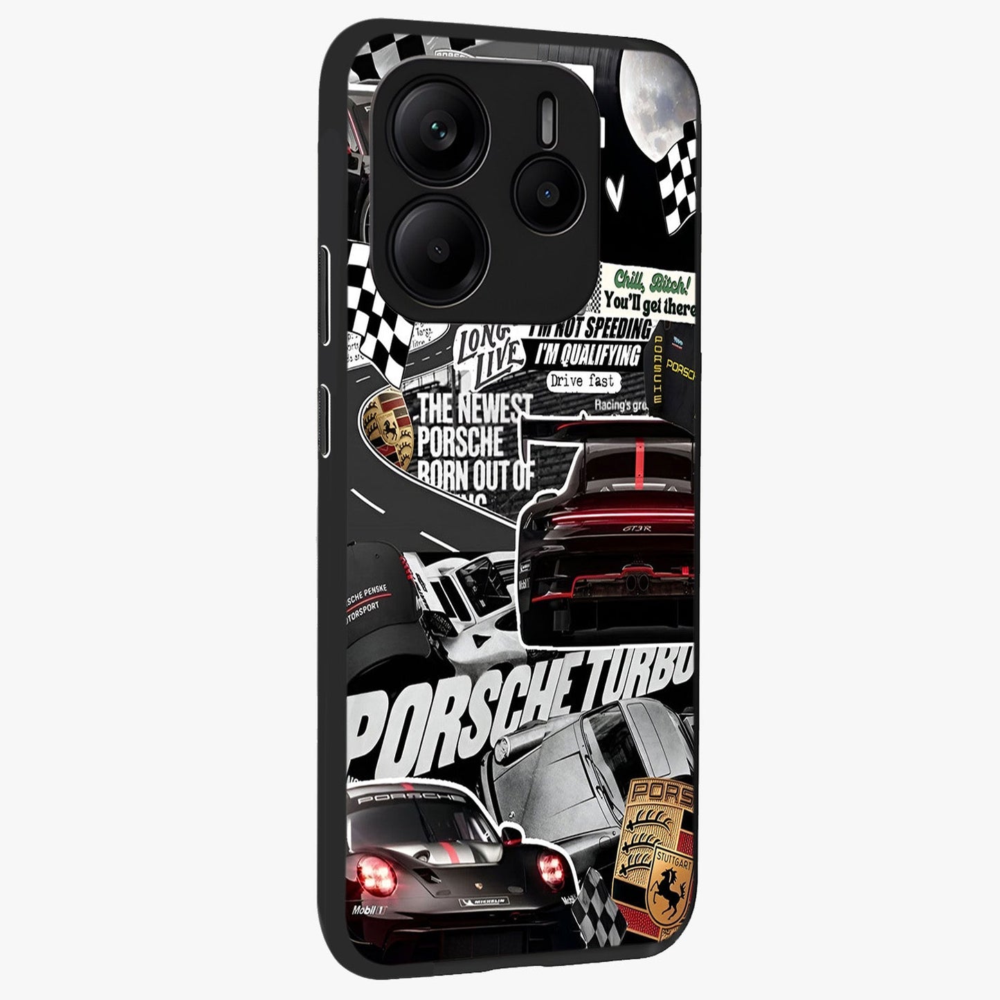 Porsche Racing Collage Glass Case upright view showcasing energetic car collage artwork with high speed racing theme.