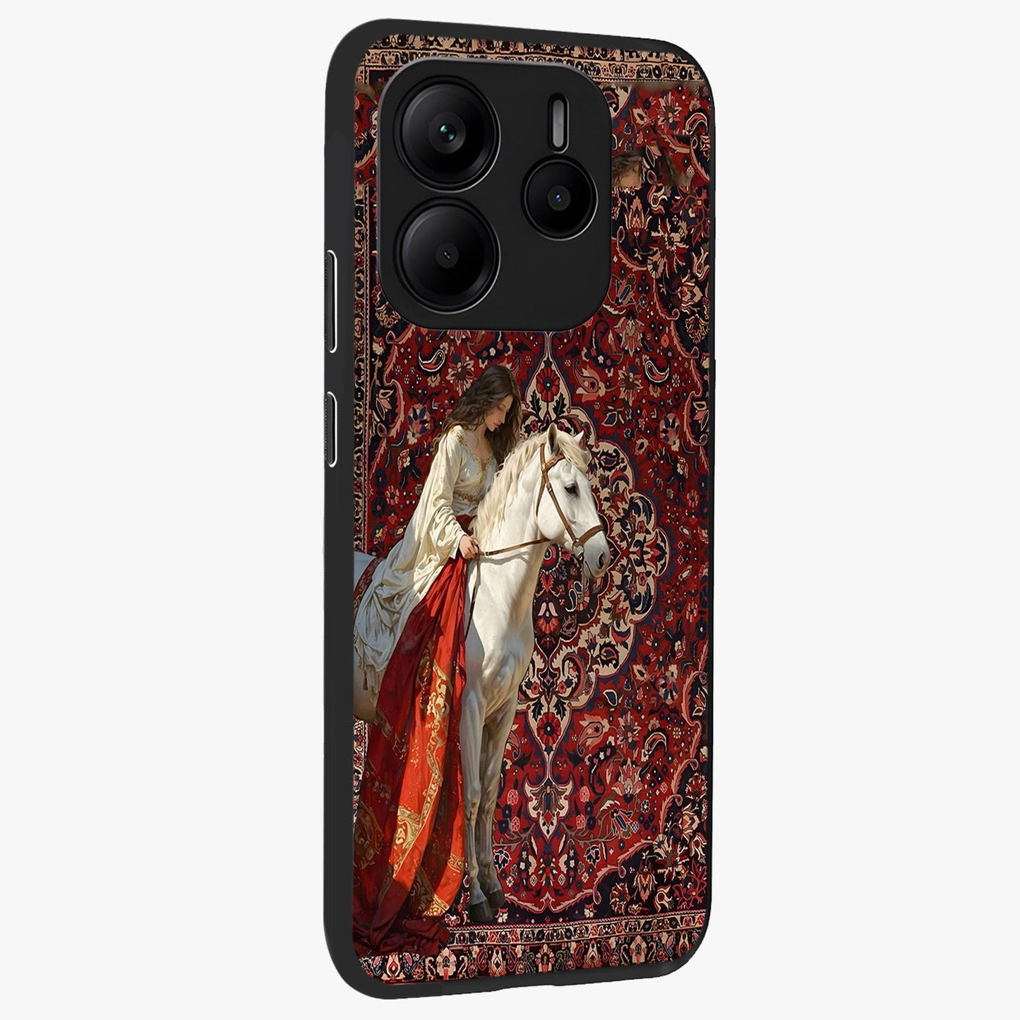 Royal Rider Tapestry Glass Case upright view showcasing detailed rider artwork with classic tapestry theme.