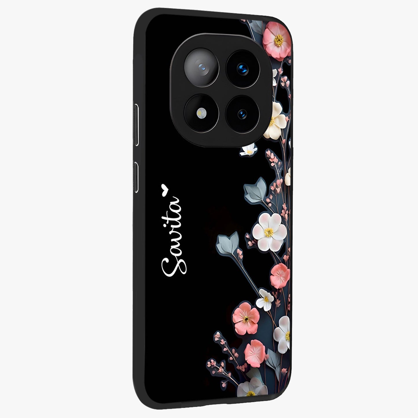 Black Elegance Floral Custom Name Glass Case upright view showcasing luxurious black floral design with personalized name detail.