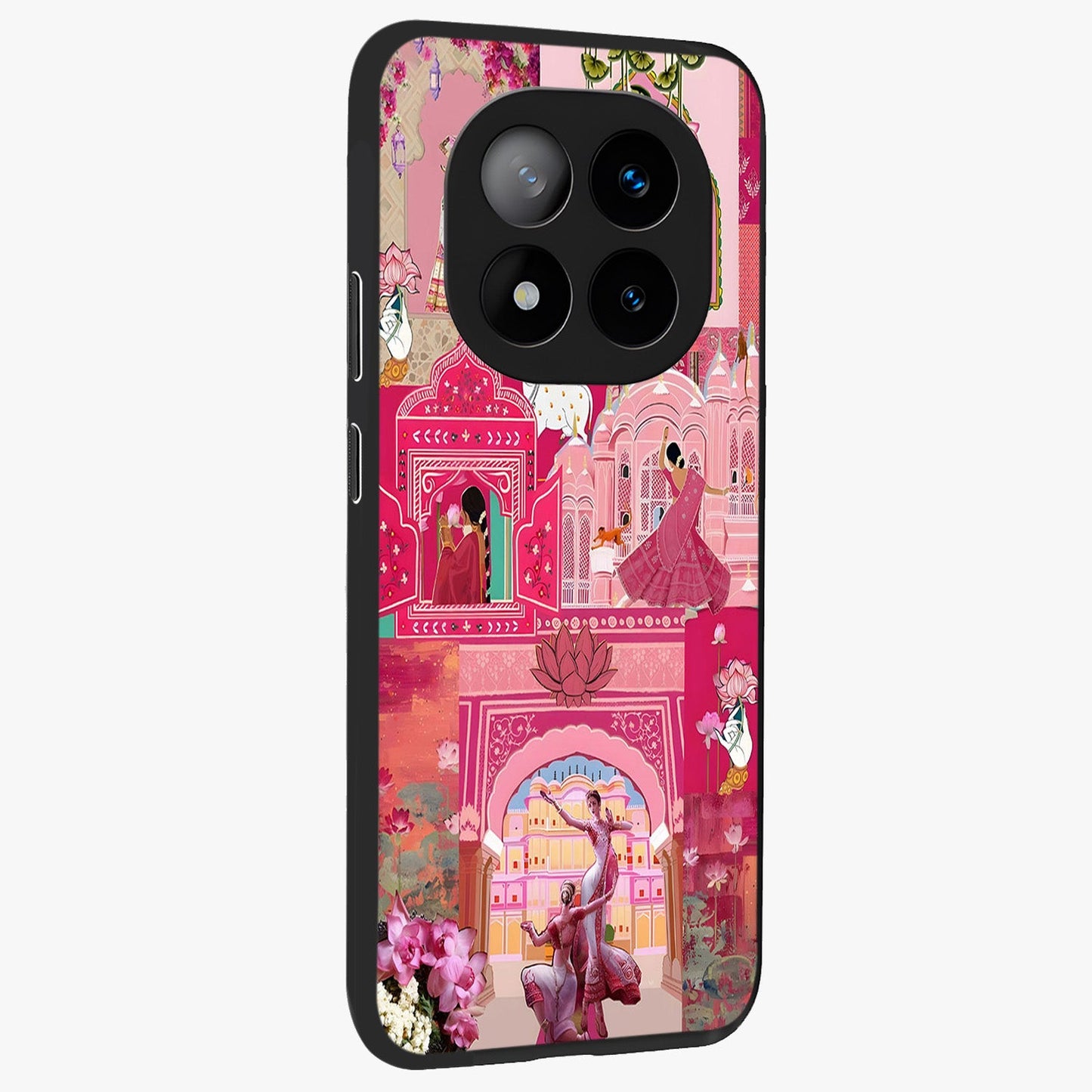 Blossoms of Rajasthan Glass Case upright view showcasing colorful floral design inspired by traditional Indian art.