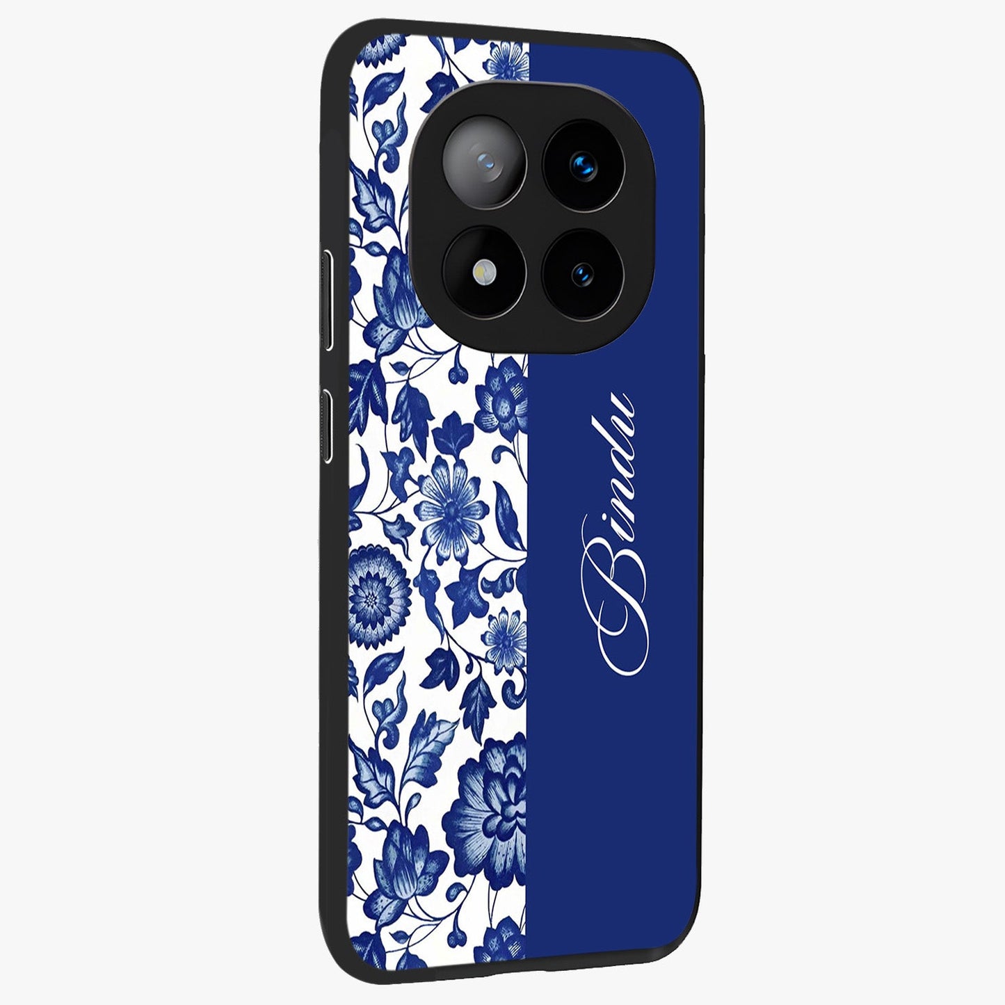 Blue Vintage Floral Pattern Glass Case upright view showcasing delicate blush floral texture with modern minimal style.