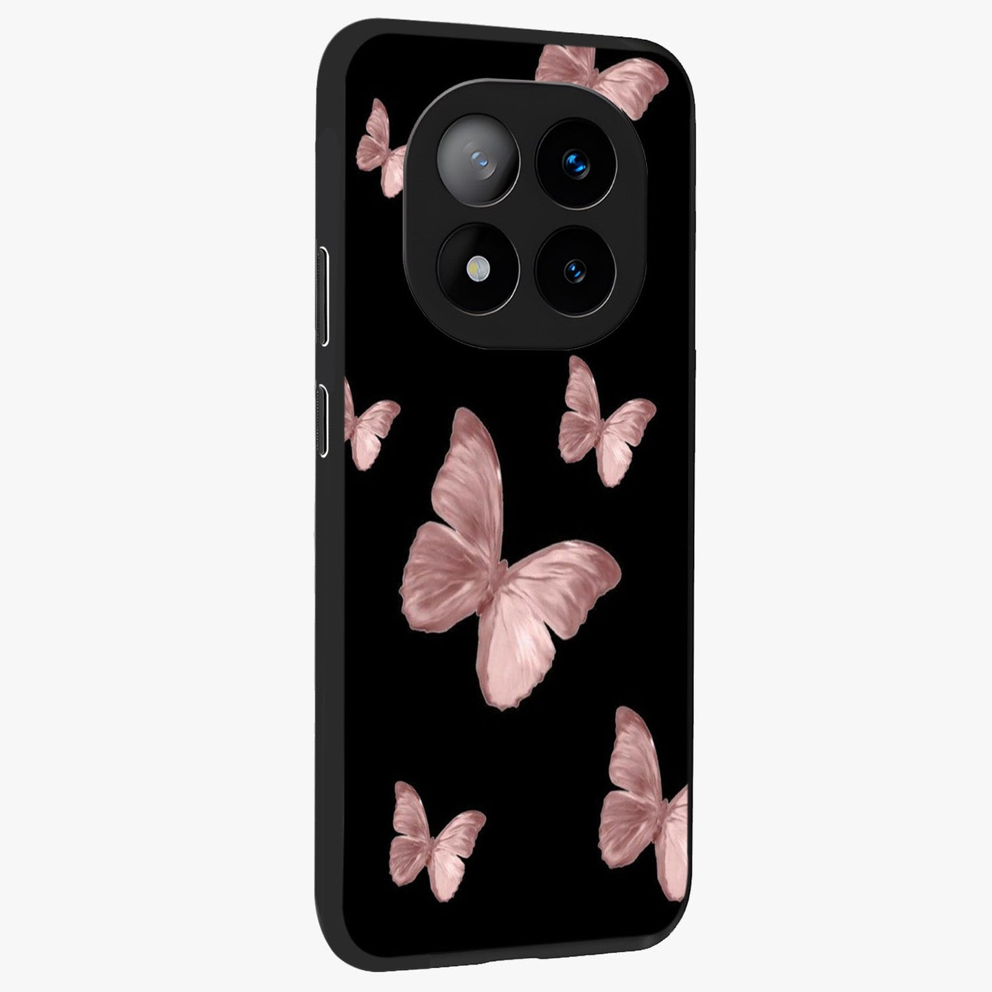 Butterfly Pattern Glass Case upright view showcasing graceful butterfly artwork with soft decorative theme.