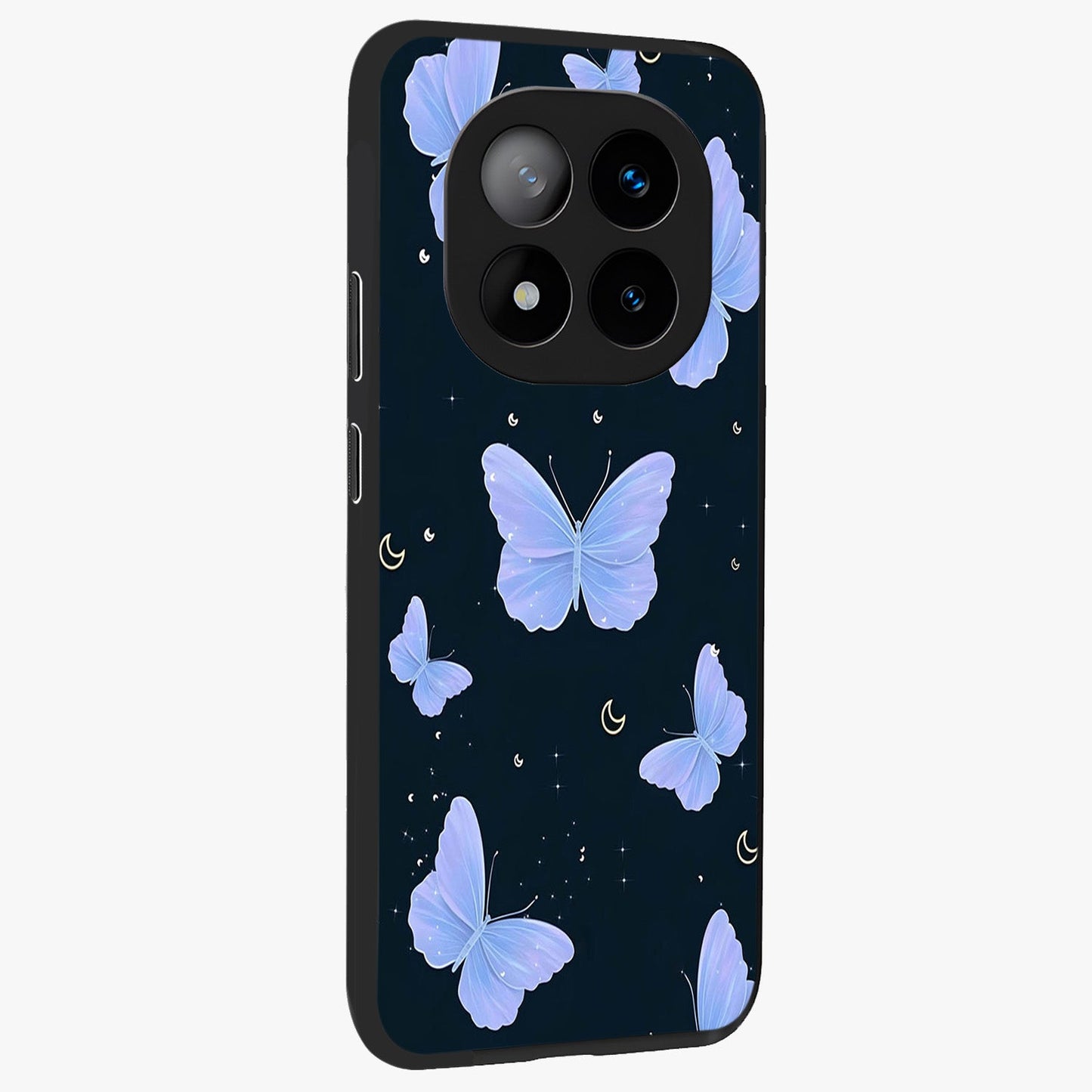 Butterfly With Stars Pattern Glass Case upright view showcasing celestial butterfly artwork with sparkling star elements.