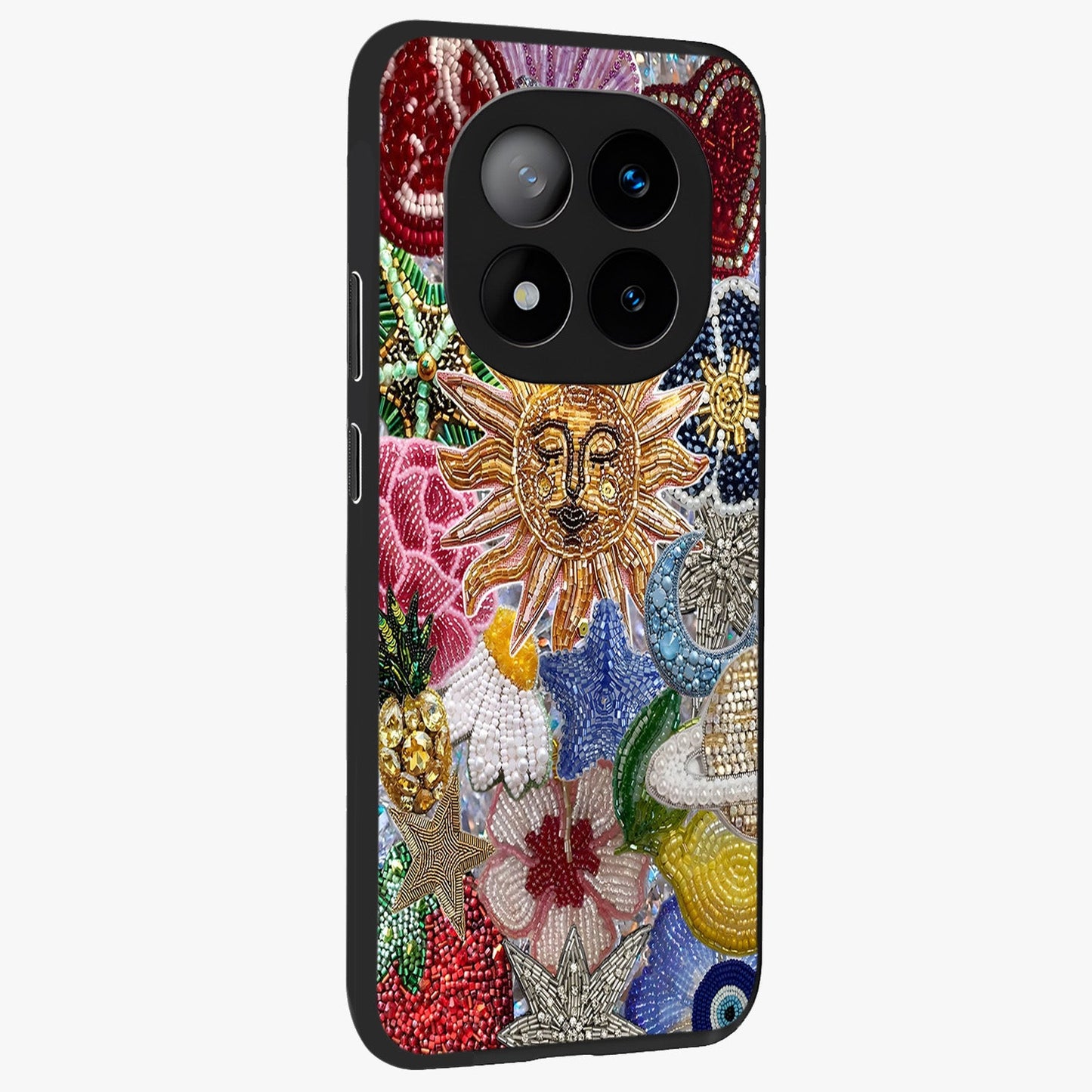 Celestial Floral and Playful Glass Case upright view showcasing whimsical floral artwork with cosmic aesthetic theme.