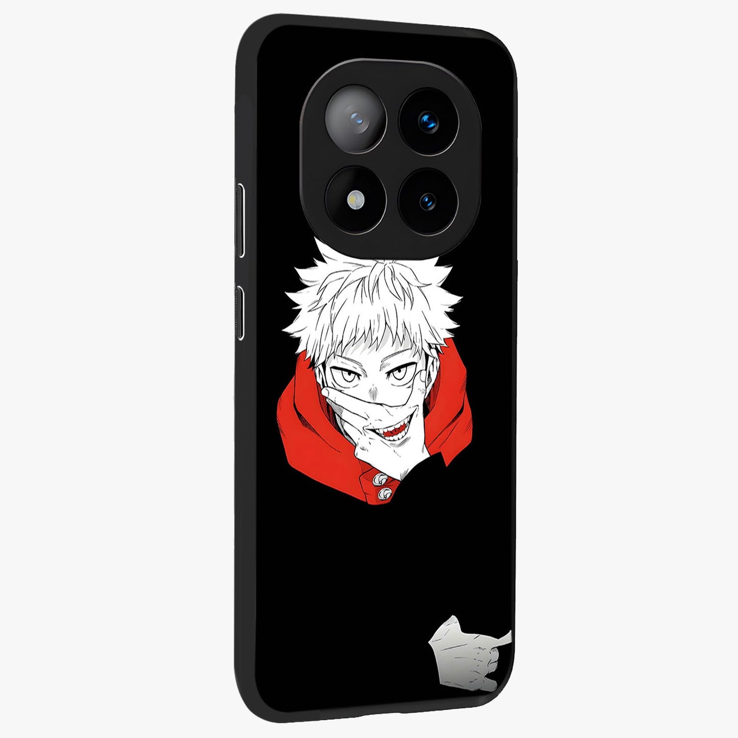 Crimson Chaos Smile Glass Case upright view showcasing expressive chaotic artwork with striking visual theme.