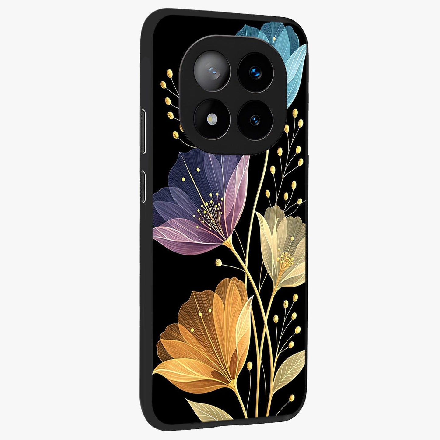 Delicate Multicolor Flowers Glass Case upright view showcasing delicate floral artwork with bright botanical theme.