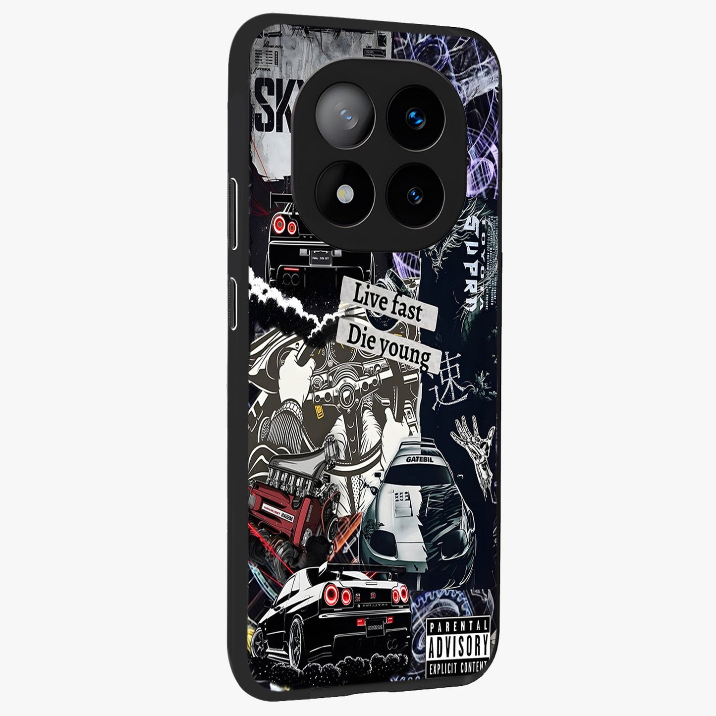 Die Young Glass Case upright view showcasing striking typography artwork with modern statement theme.