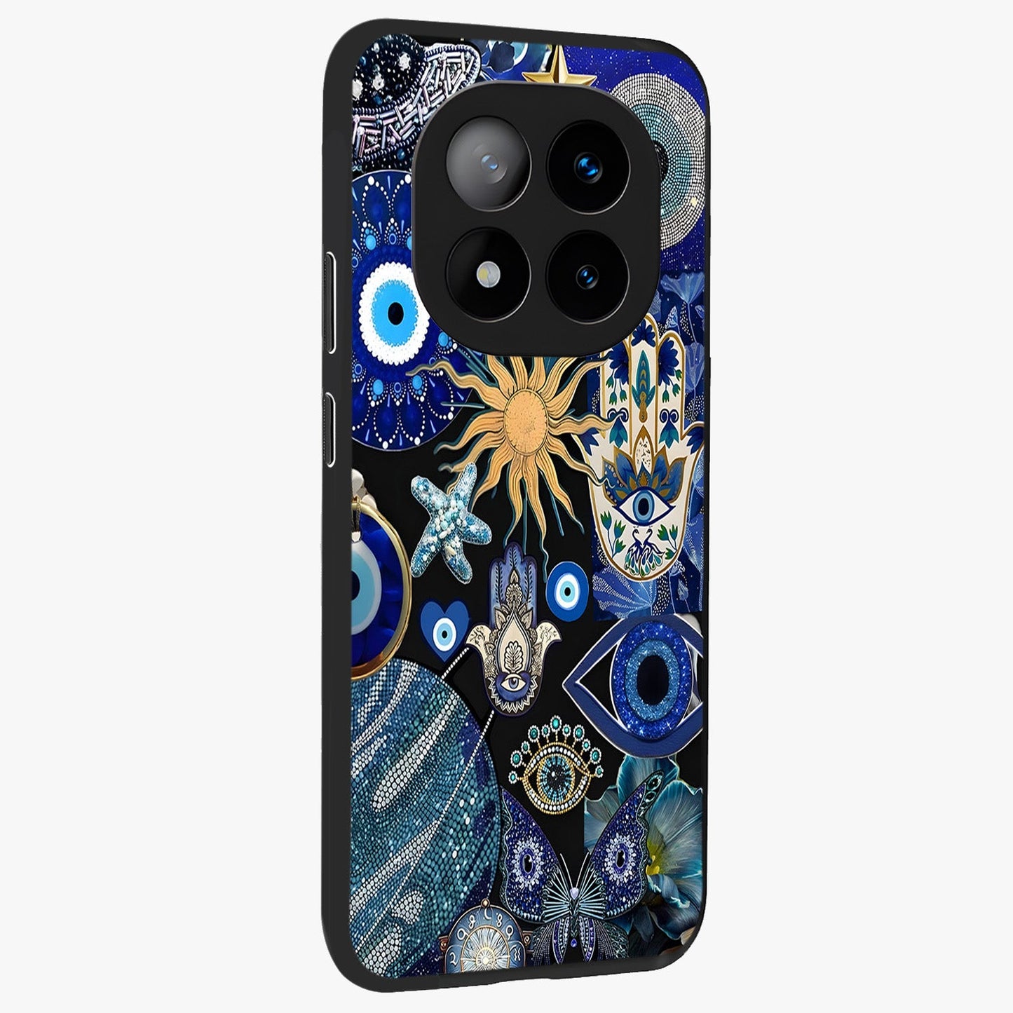 Evil Eye Charm Mix Glass Case upright view showcasing mystical evil eye pattern with vibrant decorative style.