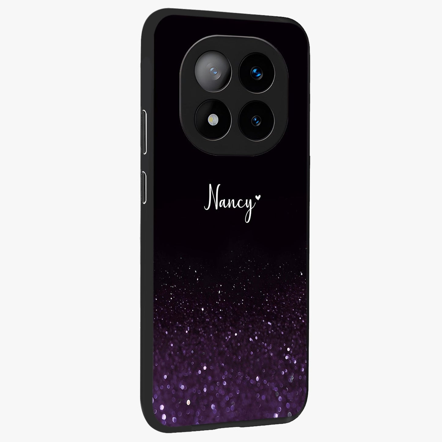 Glittery Purple Bokeh Custom Name Glass Case upright view showcasing vibrant purple sparkle artwork with personalized aesthetic style.