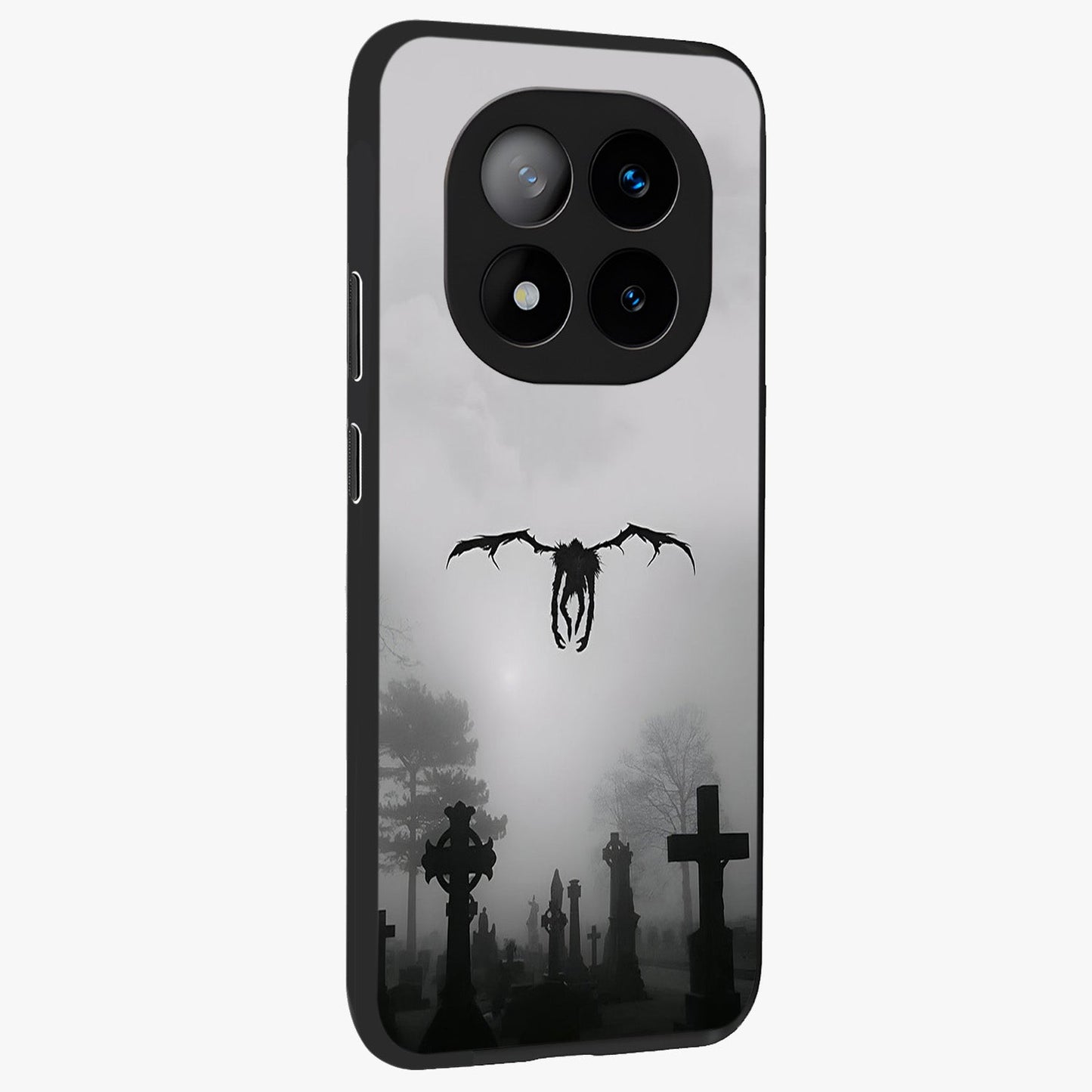 Graveyard Shadow Descent Glass Case upright view showcasing haunting graveyard artwork with dramatic dark theme.