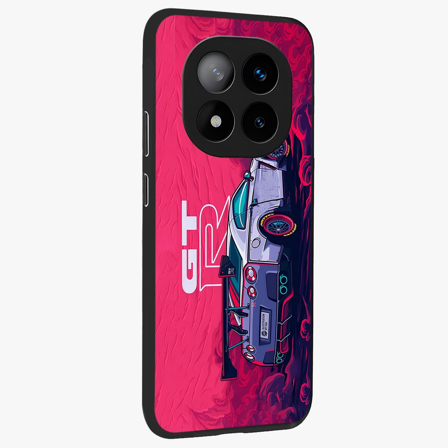 GT-R Car Pattern Glass Case upright view showcasing dynamic car pattern artwork with modern sports theme.