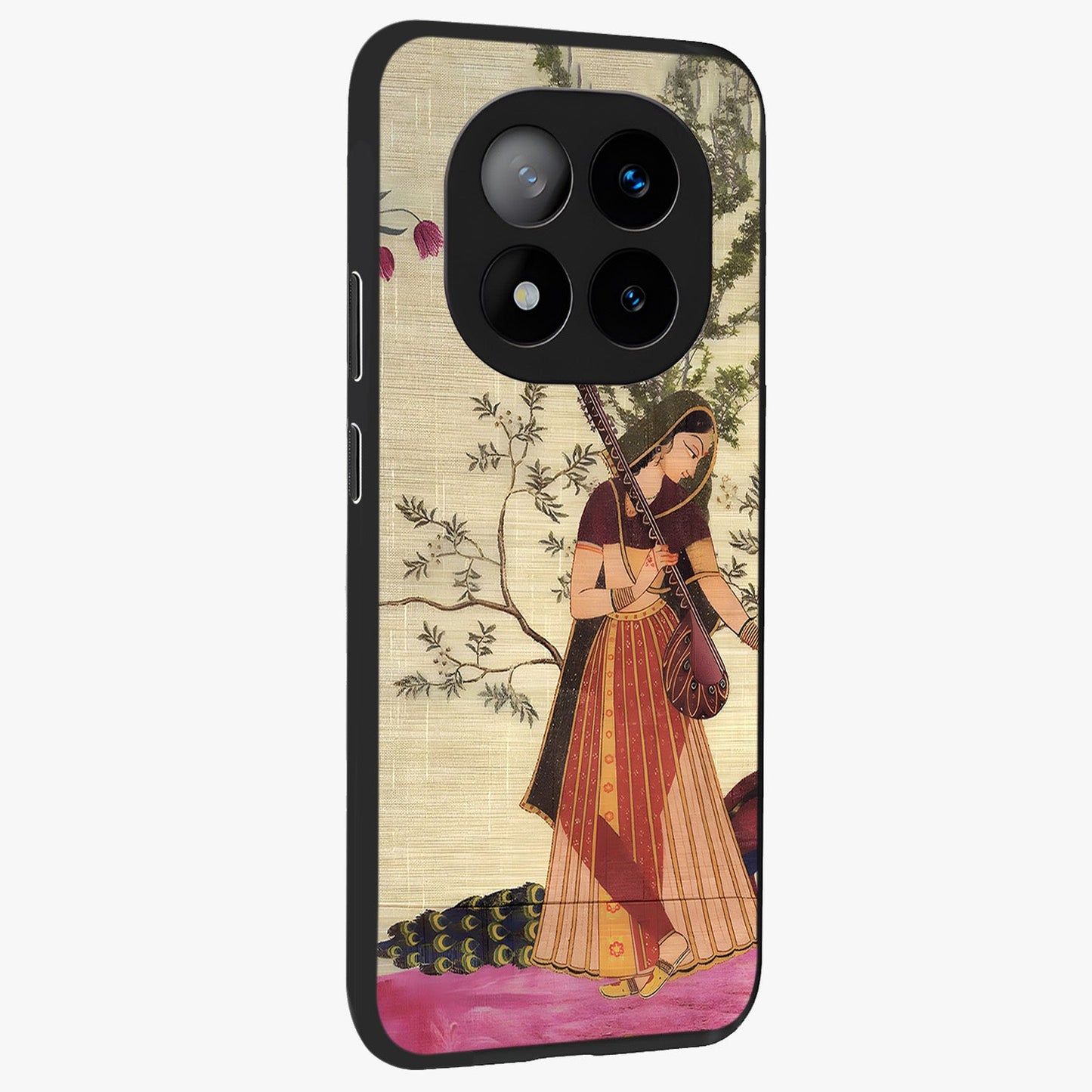 Lady With Veena Art Glass Case upright view showcasing classical veena artwork with traditional artistic theme.