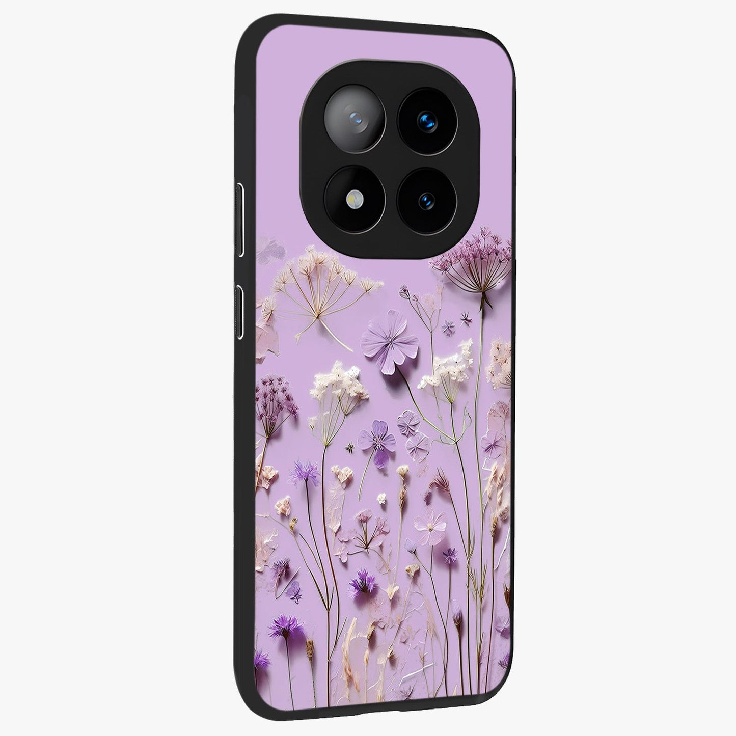 Lavender Blossom Dream Glass Case upright view showcasing delicate lavender blossom artwork with peaceful floral theme.