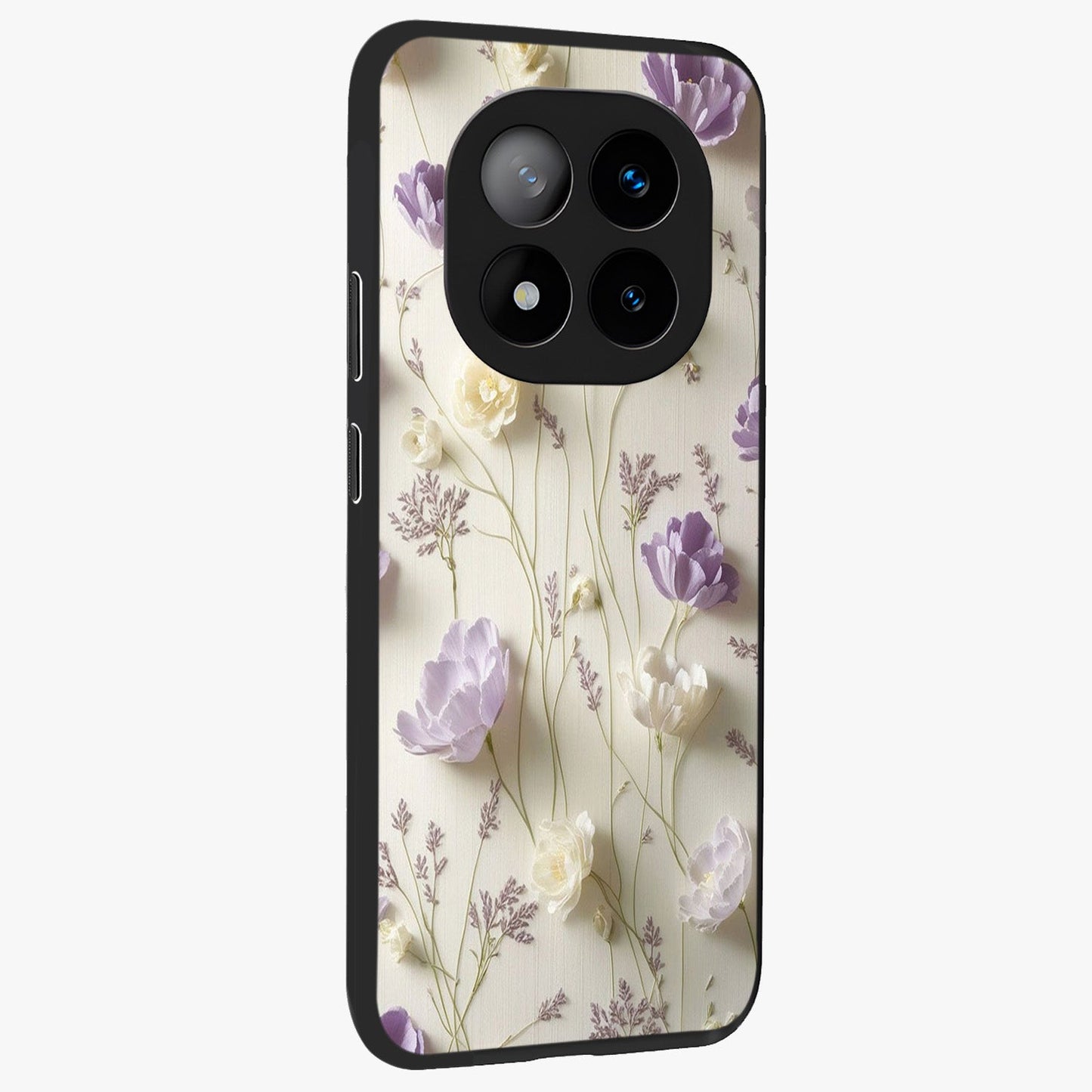 Lilac Breeze Harmony Glass Case upright view showcasing delicate lilac artwork with peaceful floral theme.