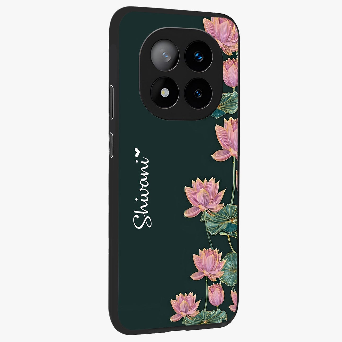 Lotus Bloom Serenity Custom Name Glass Case upright view showcasing serene lotus bloom artwork with personalized floral aesthetic.