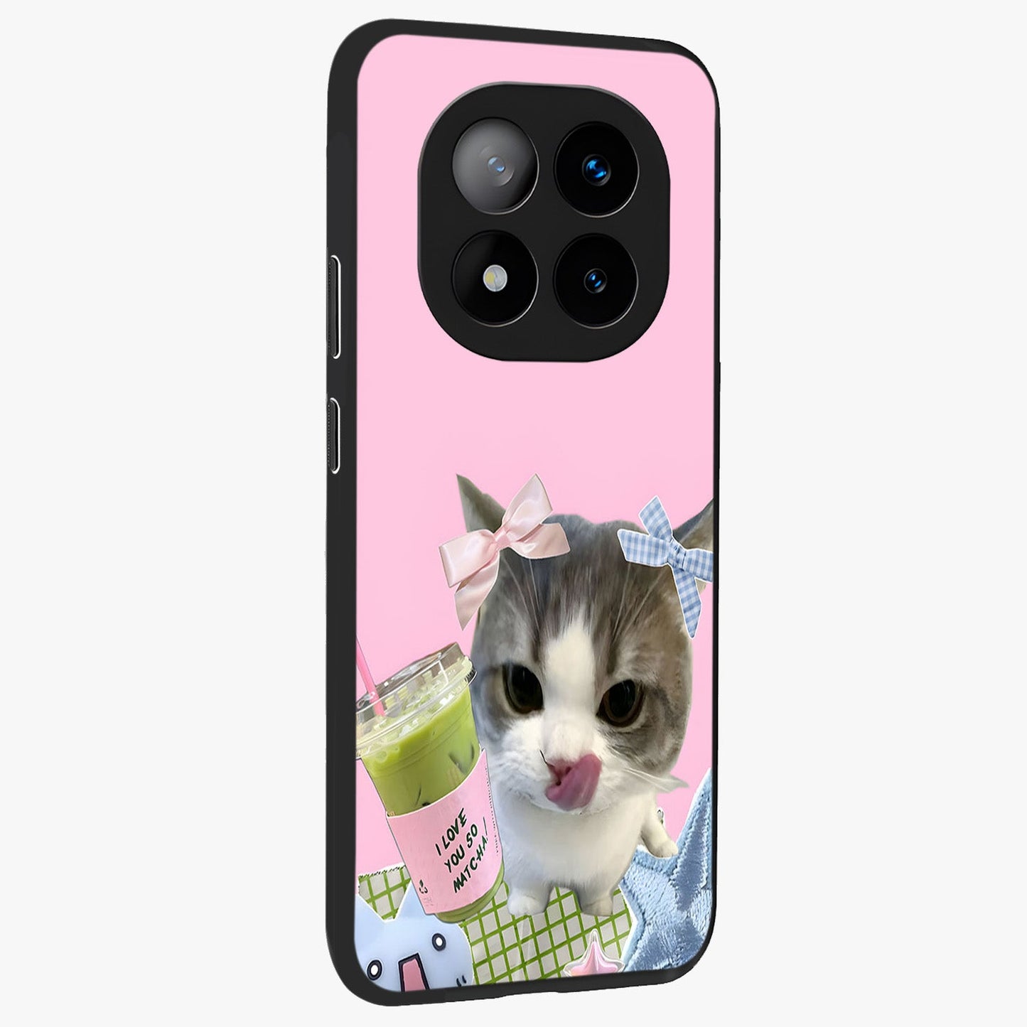 Love Matcha Cat Glass Case upright view showcasing adorable cat artwork with charming matcha themed design.