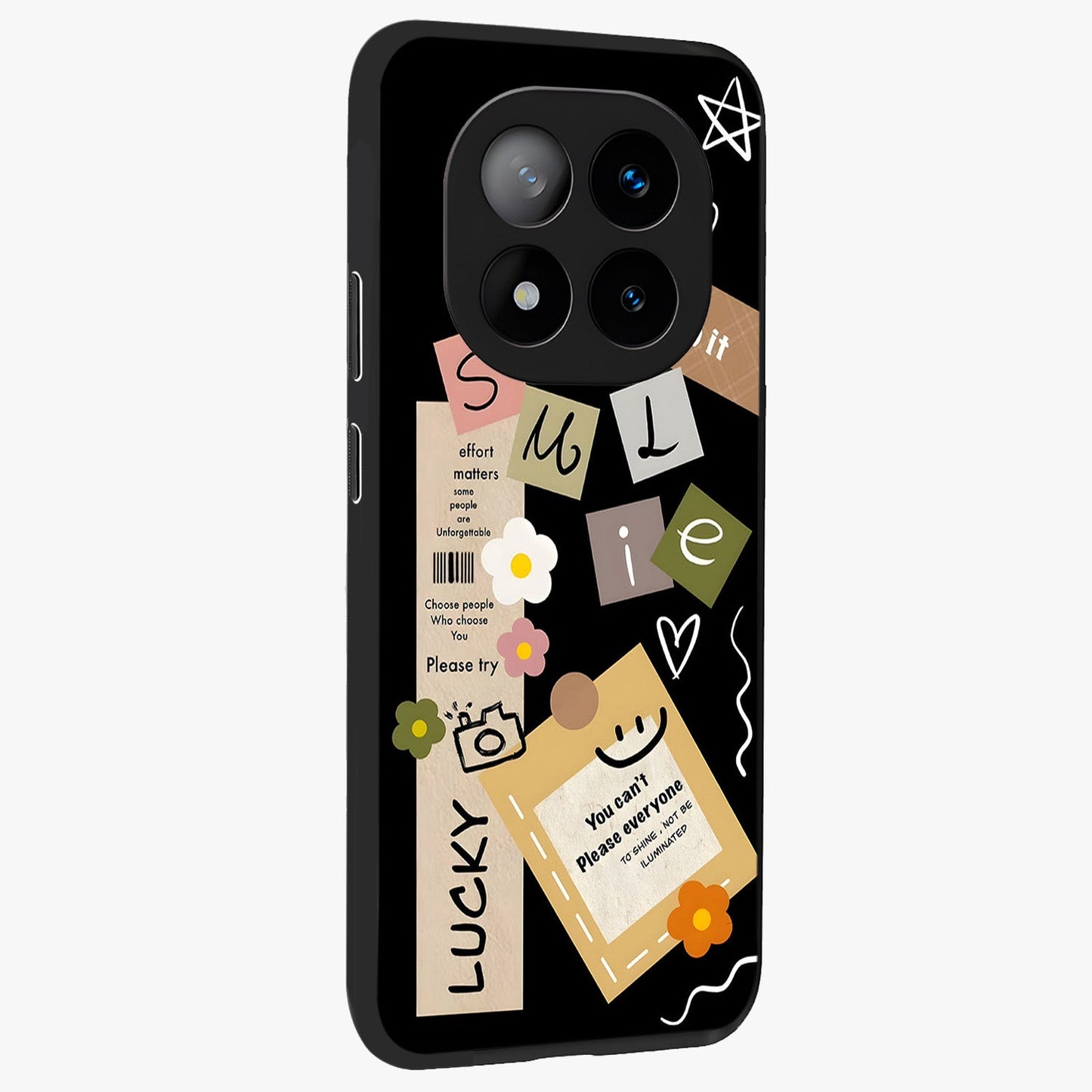 Lucky Aesthetic Collage Glass Case upright view showcasing vibrant collage artwork with youthful aesthetic theme.