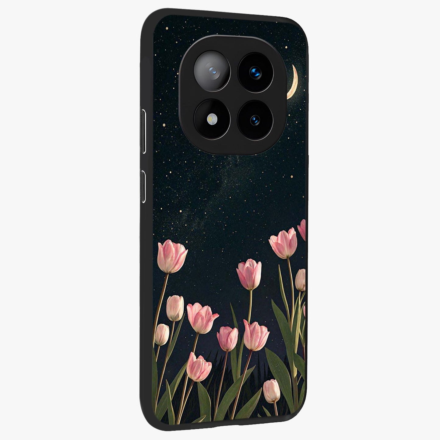 Midnight Tulip Whispers Vibe Glass Case upright view showcasing graceful tulip artwork with calm botanical theme.