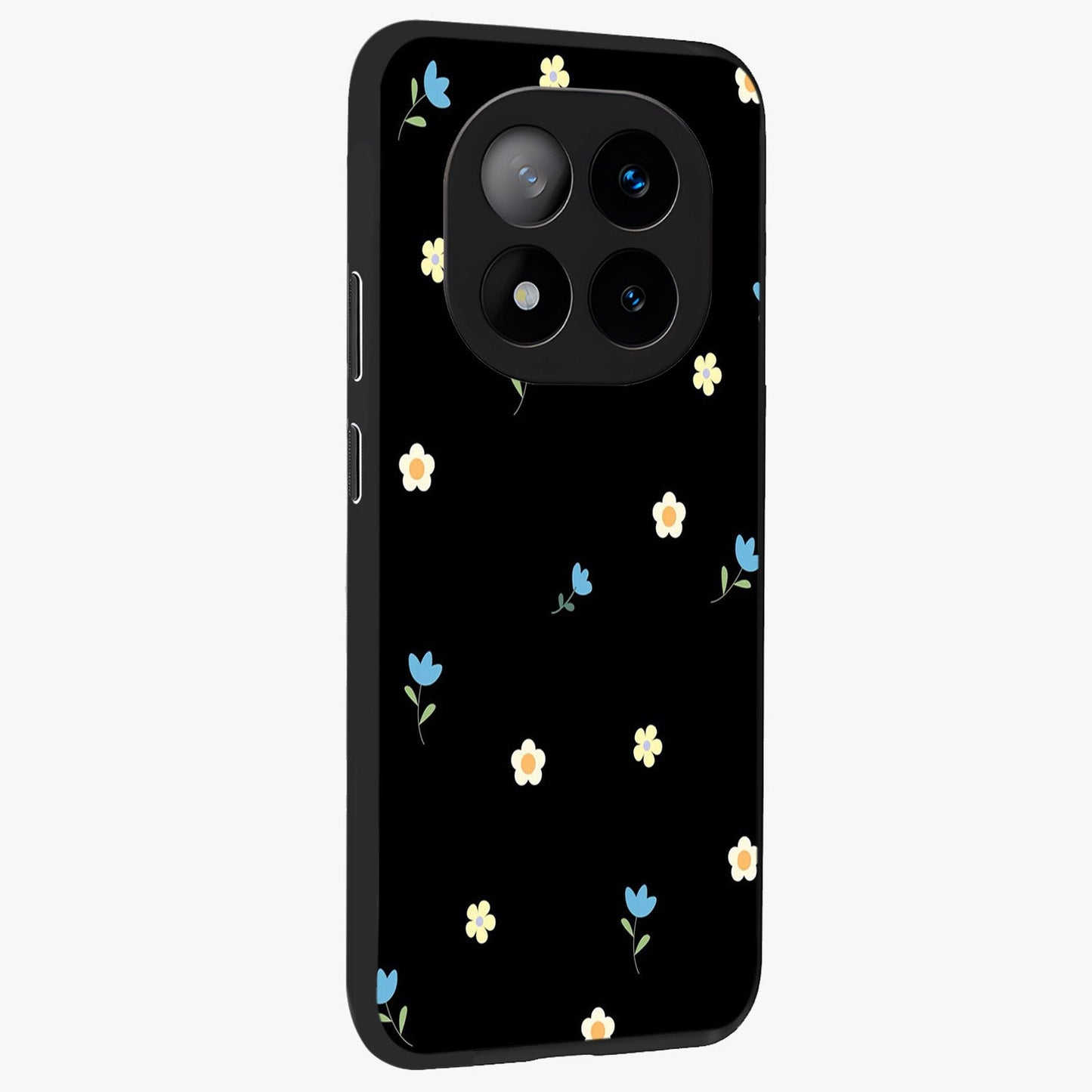 Minimal Petal Whispers Glass Case upright view showcasing elegant floral artwork with modern minimalist style.